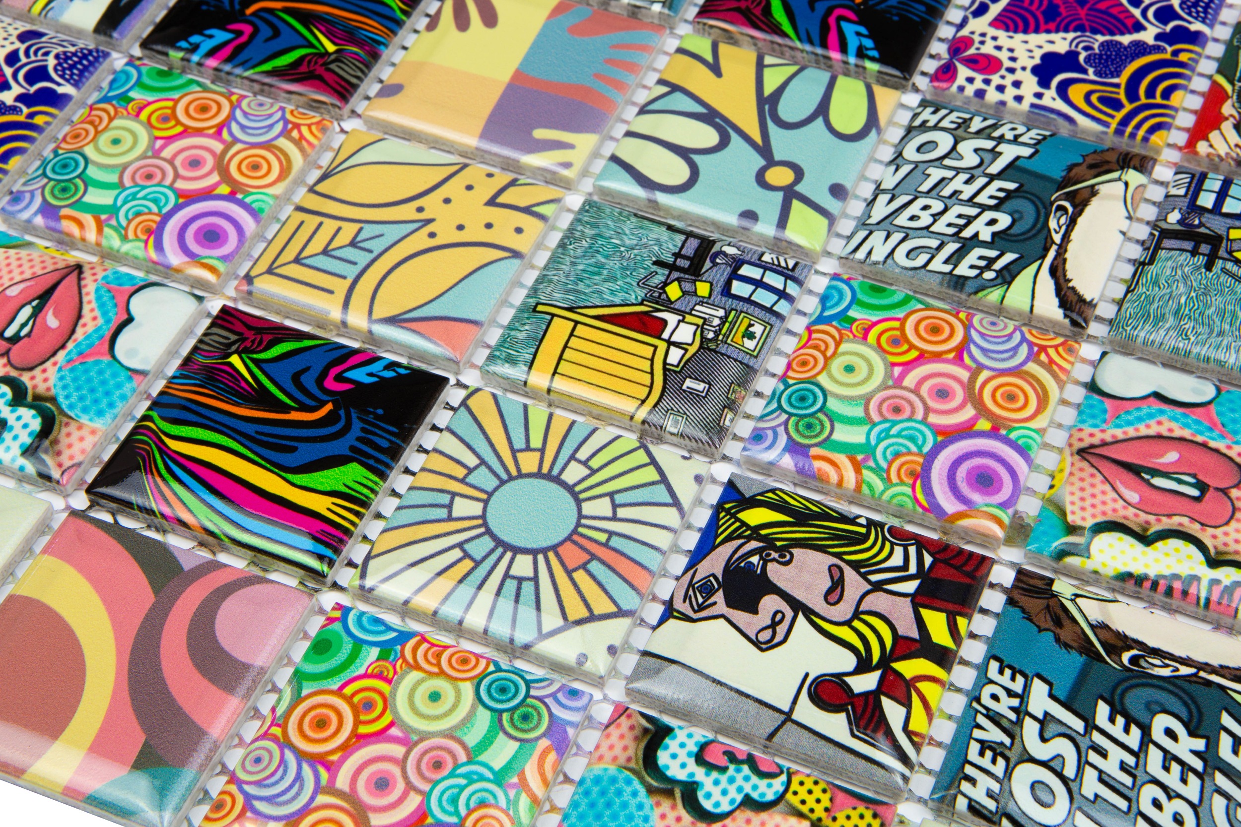 Mosaikfliesen Comic Retro-Style bunt glänzend 29x29 cm netzverklebt