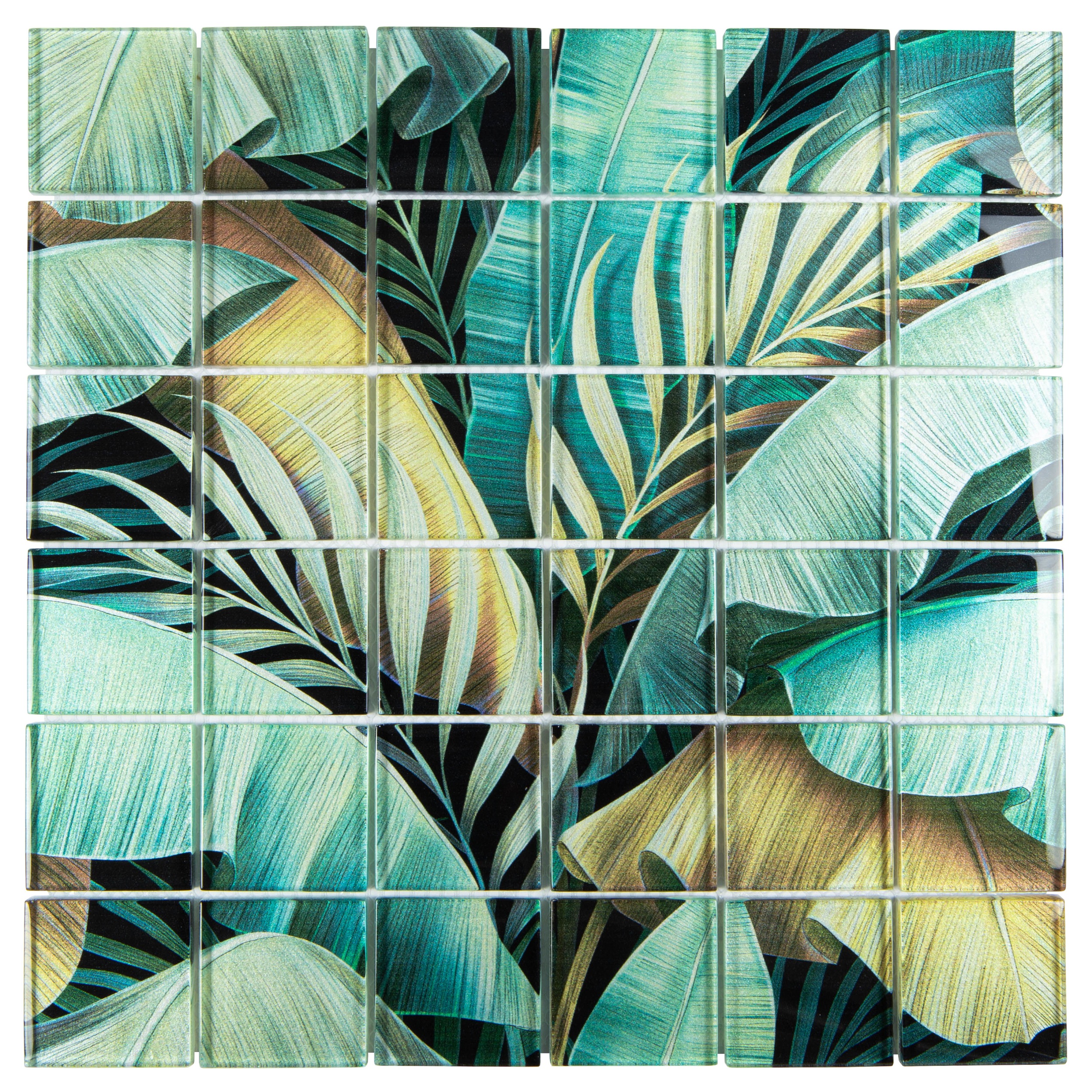Glasmosaik Mosaikfliese tropisch Dschungel Regenwald Crystal grün gold mit Blätter Palmen Pflanzen