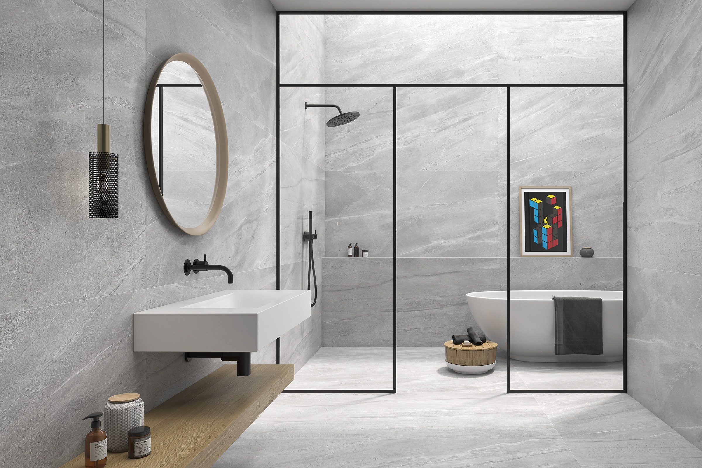 Fliese Steinoptik Lavica Perla Bodenfliese Wandfliese hellgrau im Bad