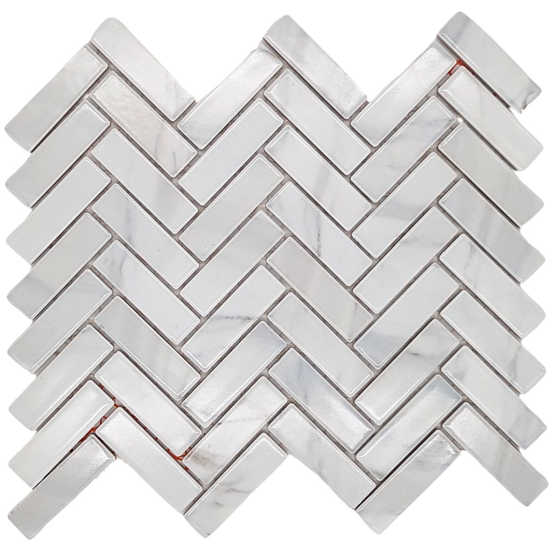 Mosaikfliesen Fischgrät Marmor-Optik weiß matt 31,8x27,1cm auf Netz