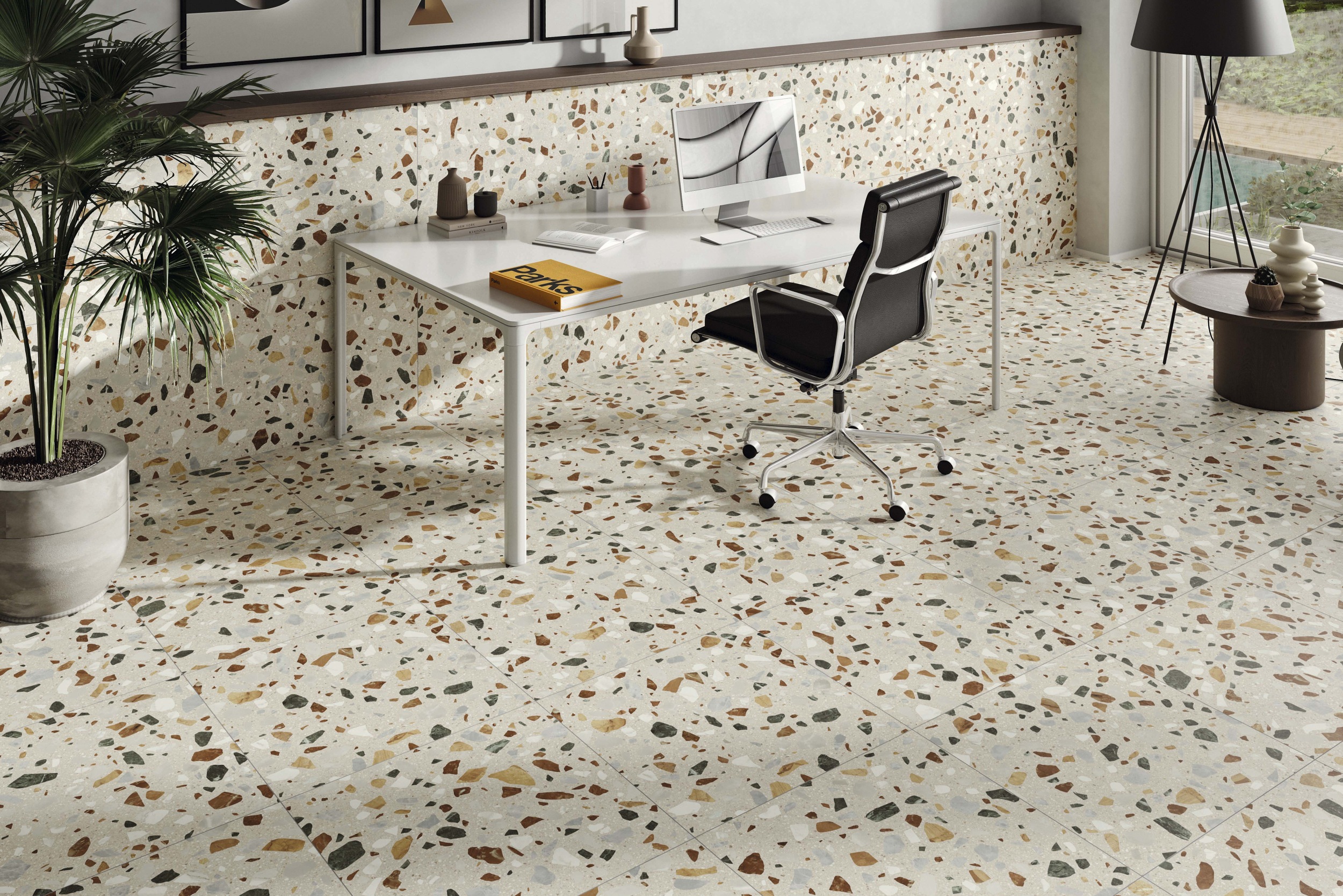 Fliese Terrazzo-Optik Crisp Beige mehrfarbig Bodenfliese Wandfliese matt Ambiente