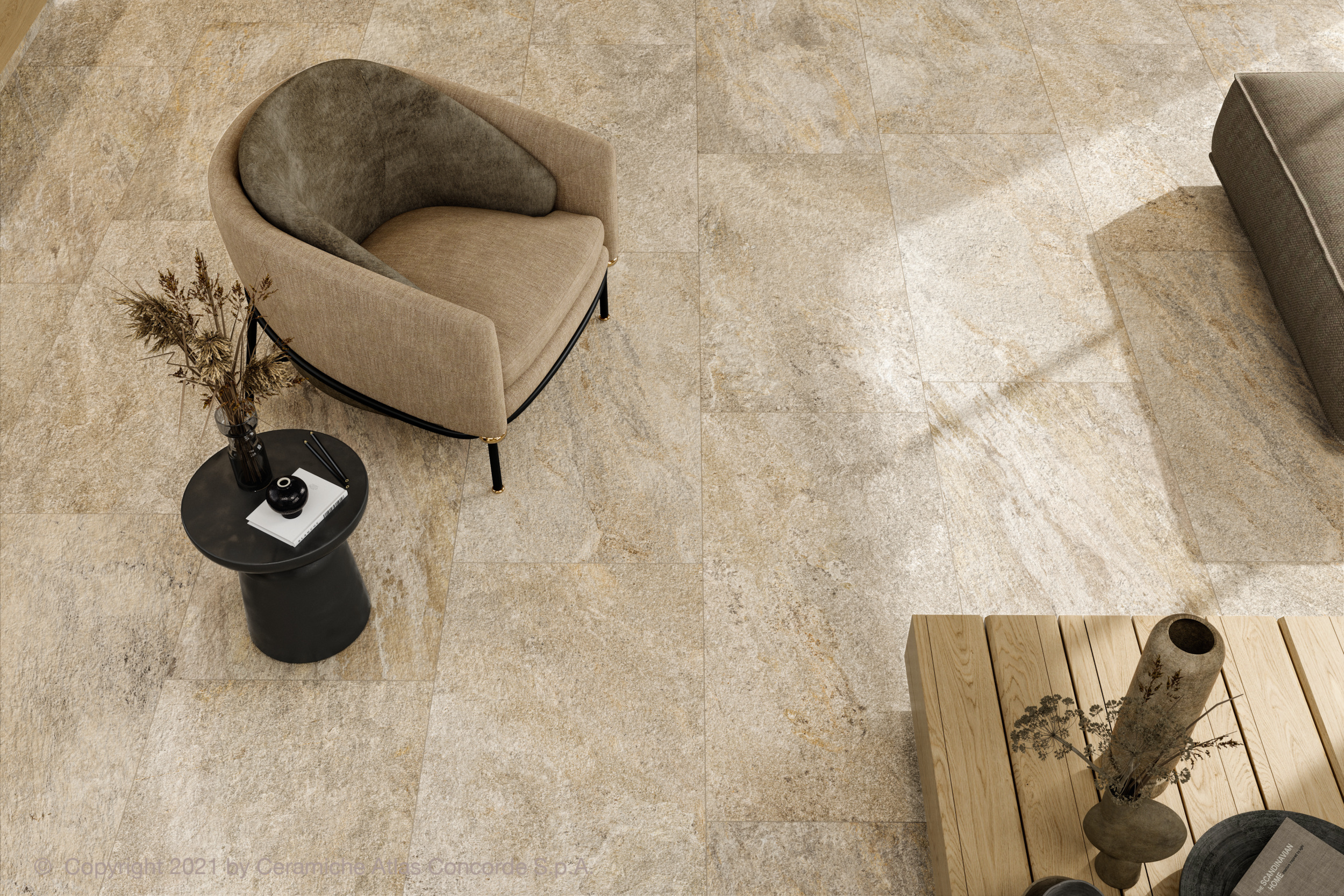 Bodenfliesen Steinoptik Norde Magnesio Atlas Concorde hellgrau beige im Wohnzimmer