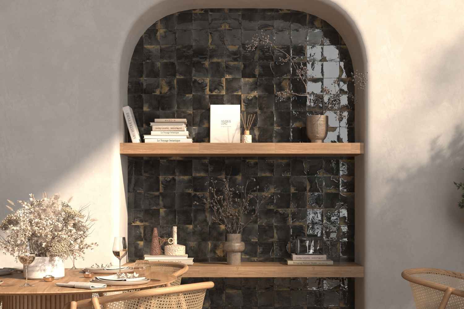 Zellige Wandfliese 11,5x11,5 cm "Laguna Carbon" schwarz glänzend reaktive Glasur