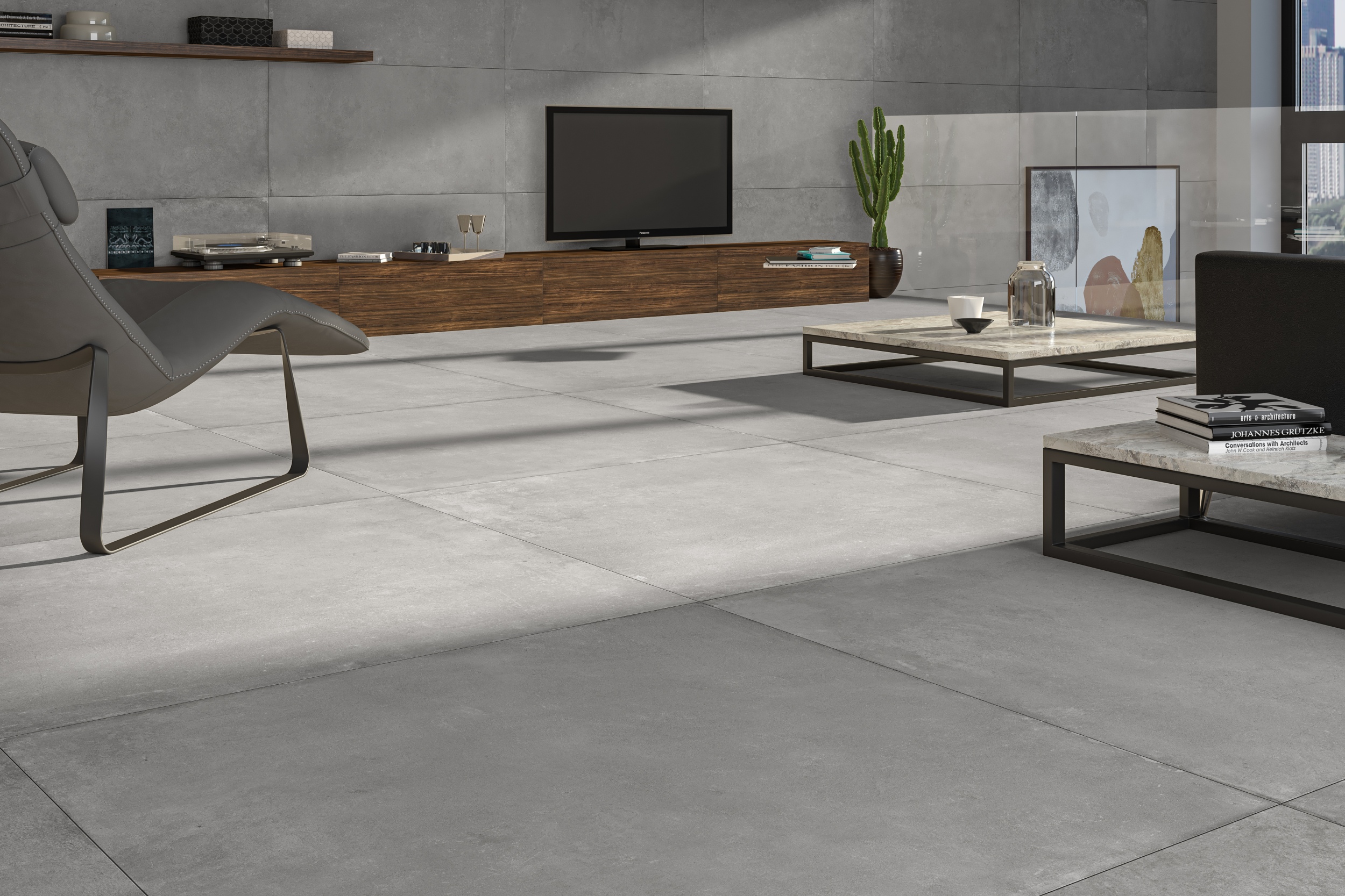 Bodenfliese mit Betonoptik Zementoptik Cloud Silver hellgrau grau im Wohnzimmer