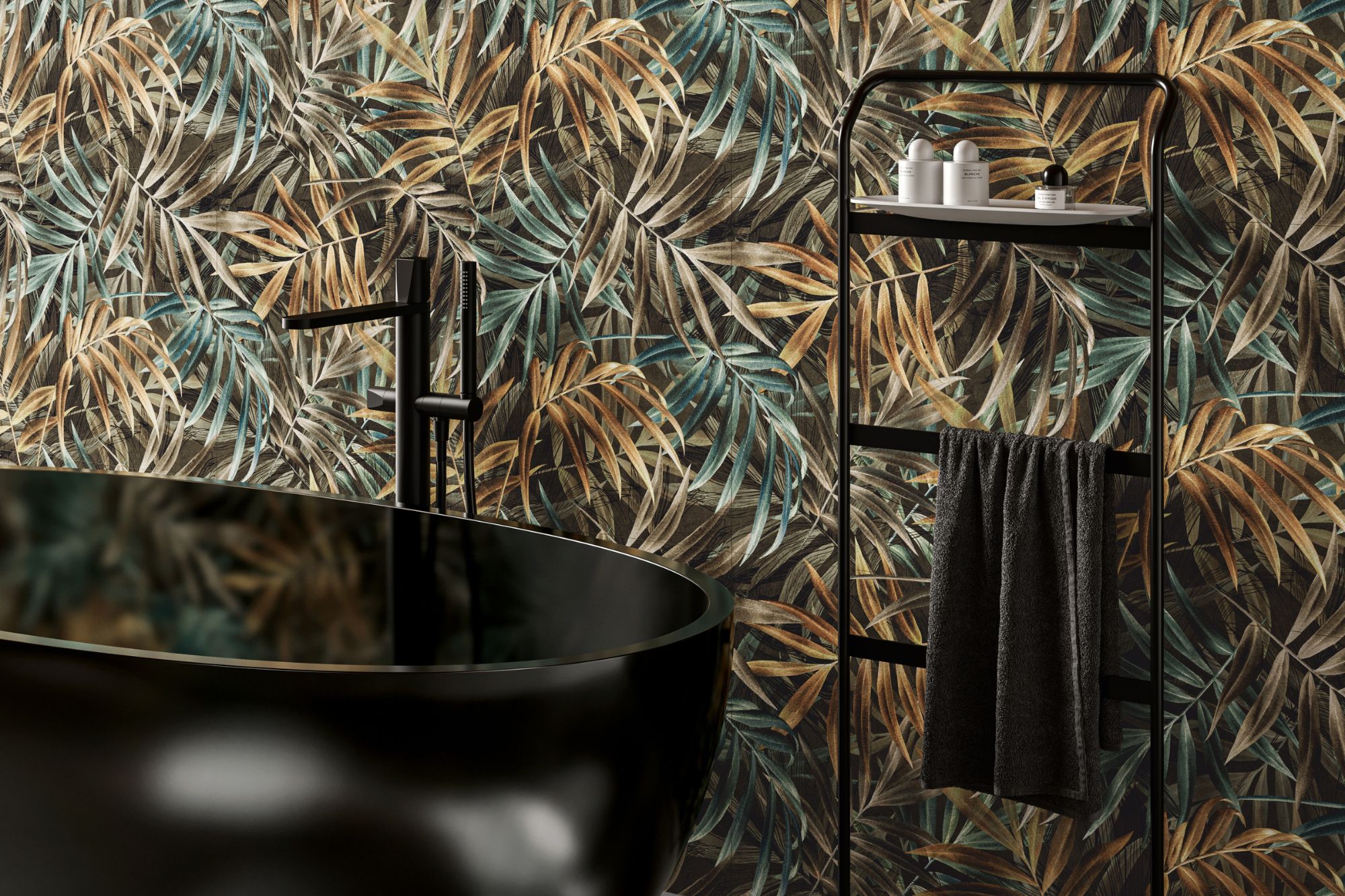 Fliese Pflanzen-Dekor dunkel Bergpalme kalibriert 60x120cm Sable Jardin 02 Sant Agostino