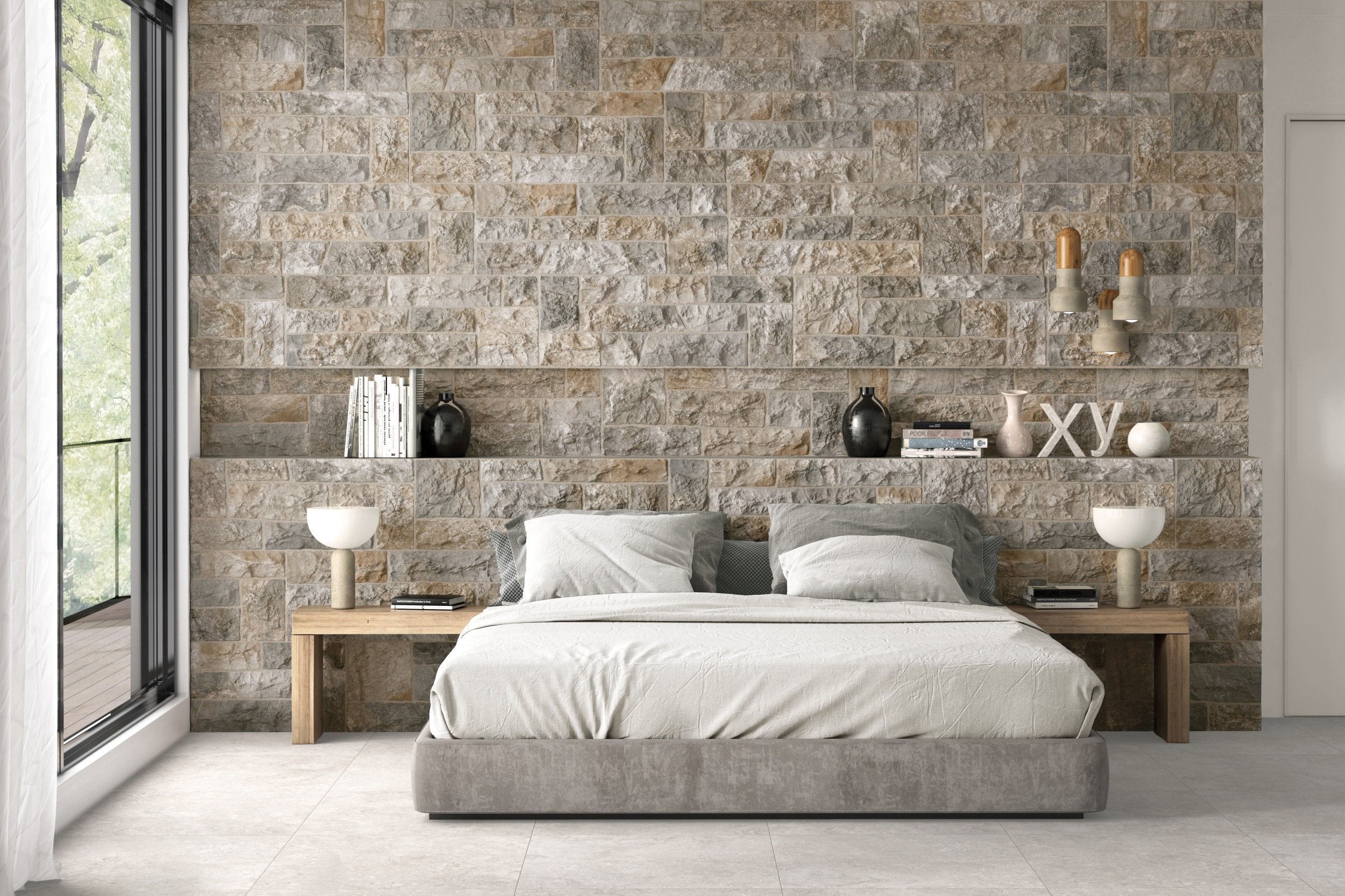 Verblender Fliese Natursteinoptik Maestrat Noce braun 32x89 cm Wandverblendung Steinoptik im Schlafzimmer Wohnzimmer