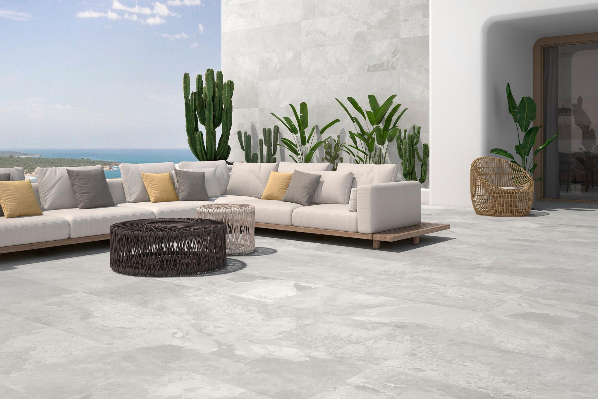 Terrassenplatte Feinsteinzeug Steinoptik rustikal grau Bor Perla