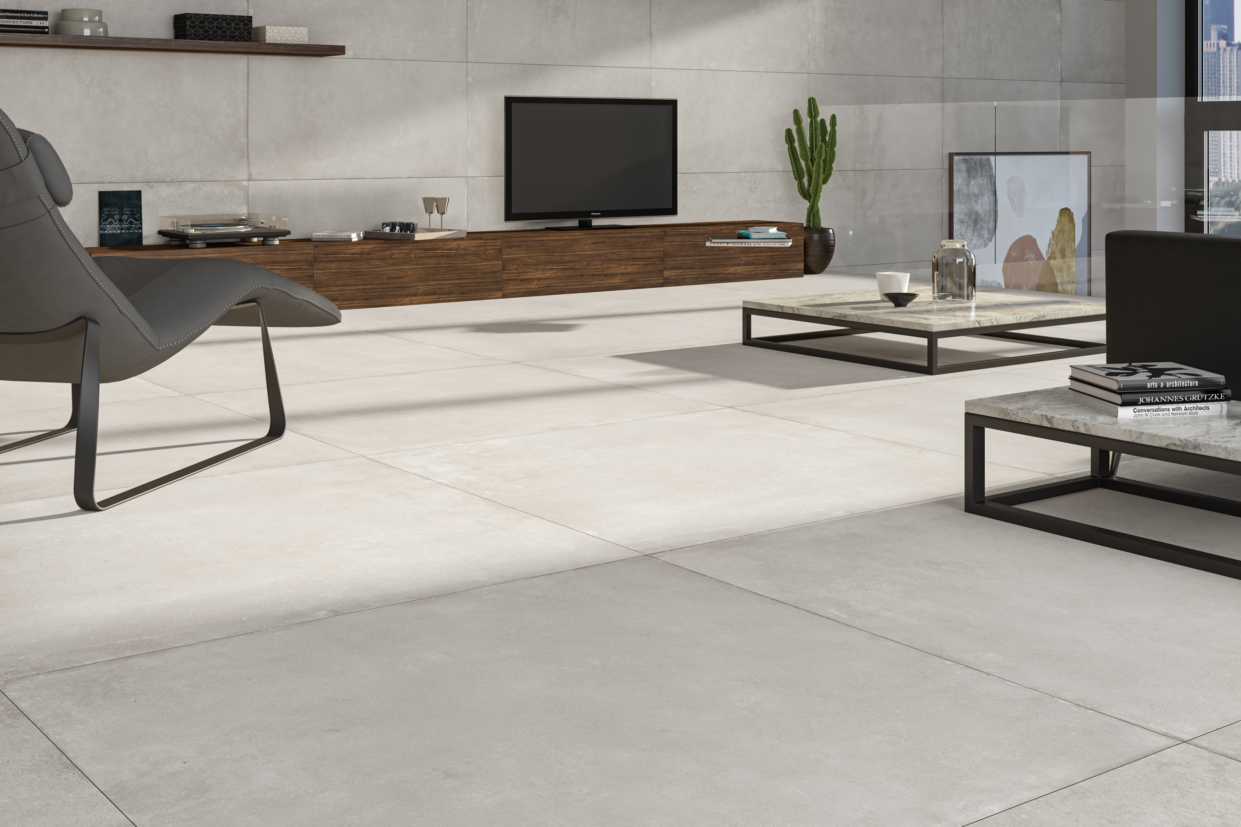 Bodenfliese mit Betonoptik Zementoptik Cloud White weiß hellgrau im Wohnzimmer