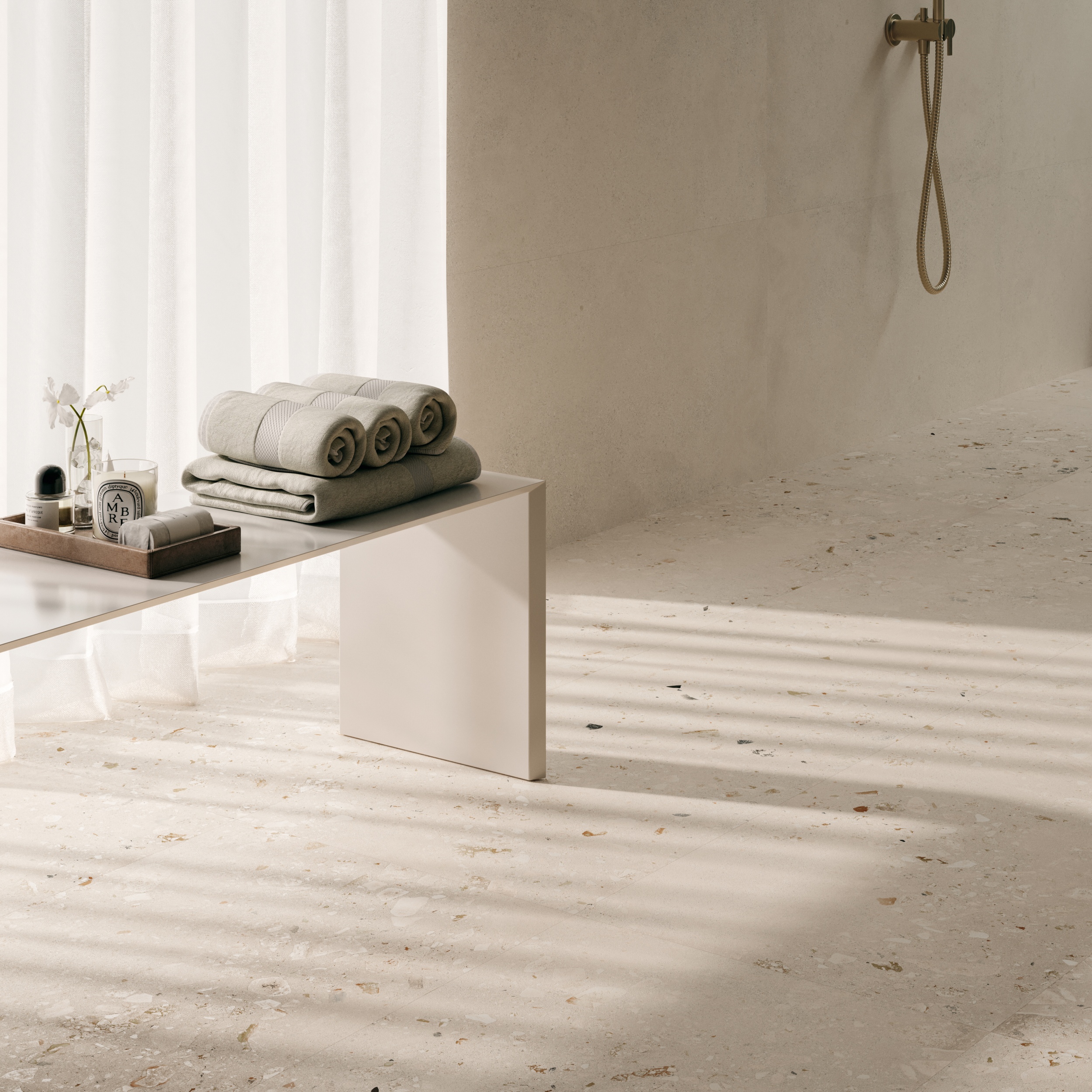Fliese Terrazzo-Optik Logico Cosmo Light Sant Agostino creme elfenbein im Badezimmer