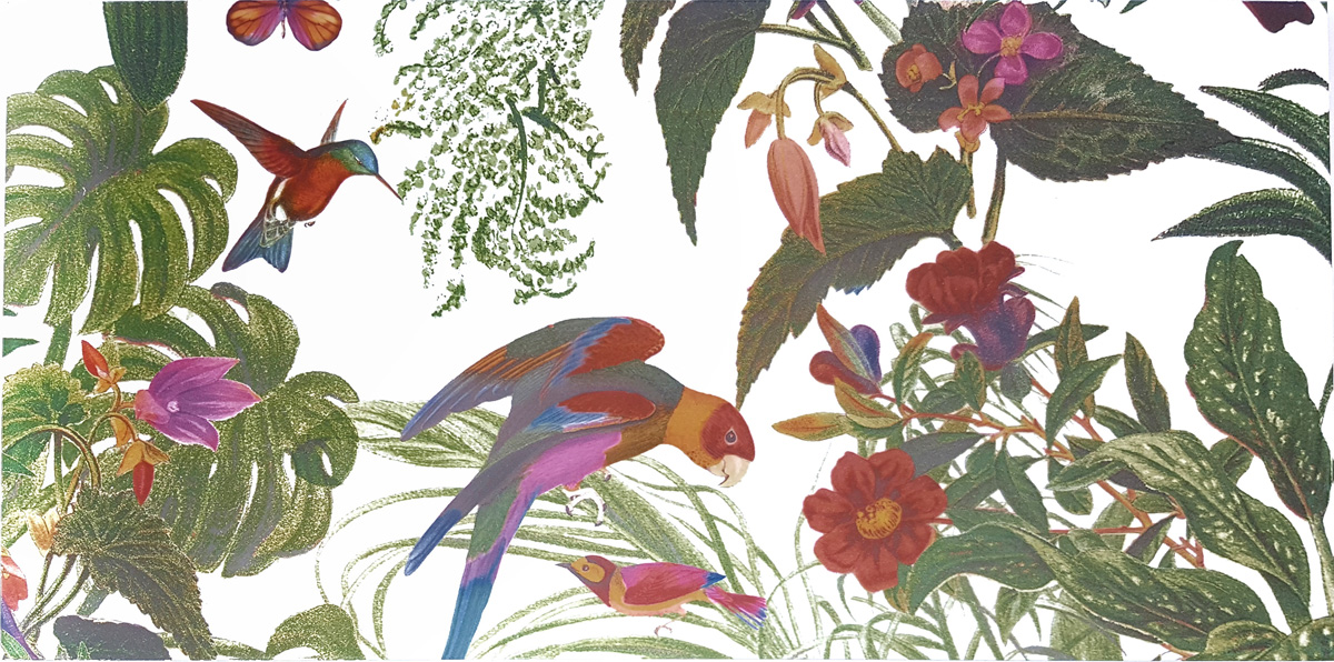 Dekorfliese Jungle Vögel Blumen Farn Wandbild Dschungel Wallpaper Pantanal