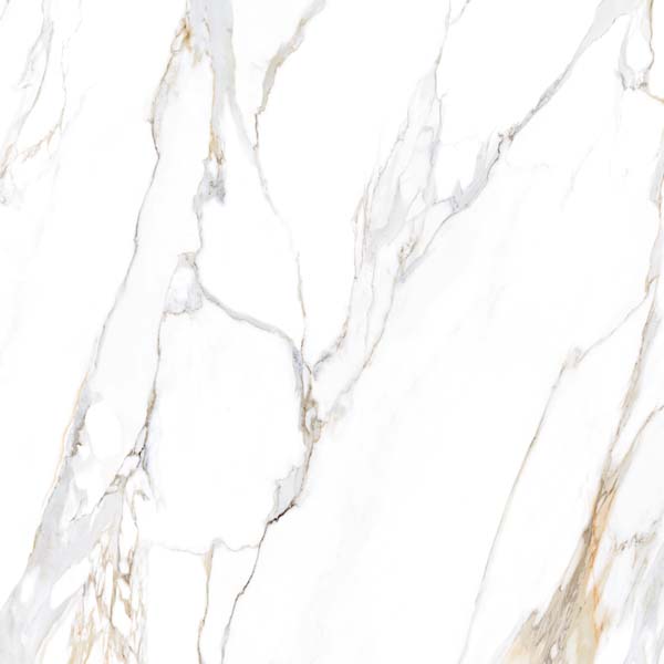 Fliese Marmoroptik weiß gold 120x120 cm marmoriert "Aurora Gold" glänzend rektifiziert