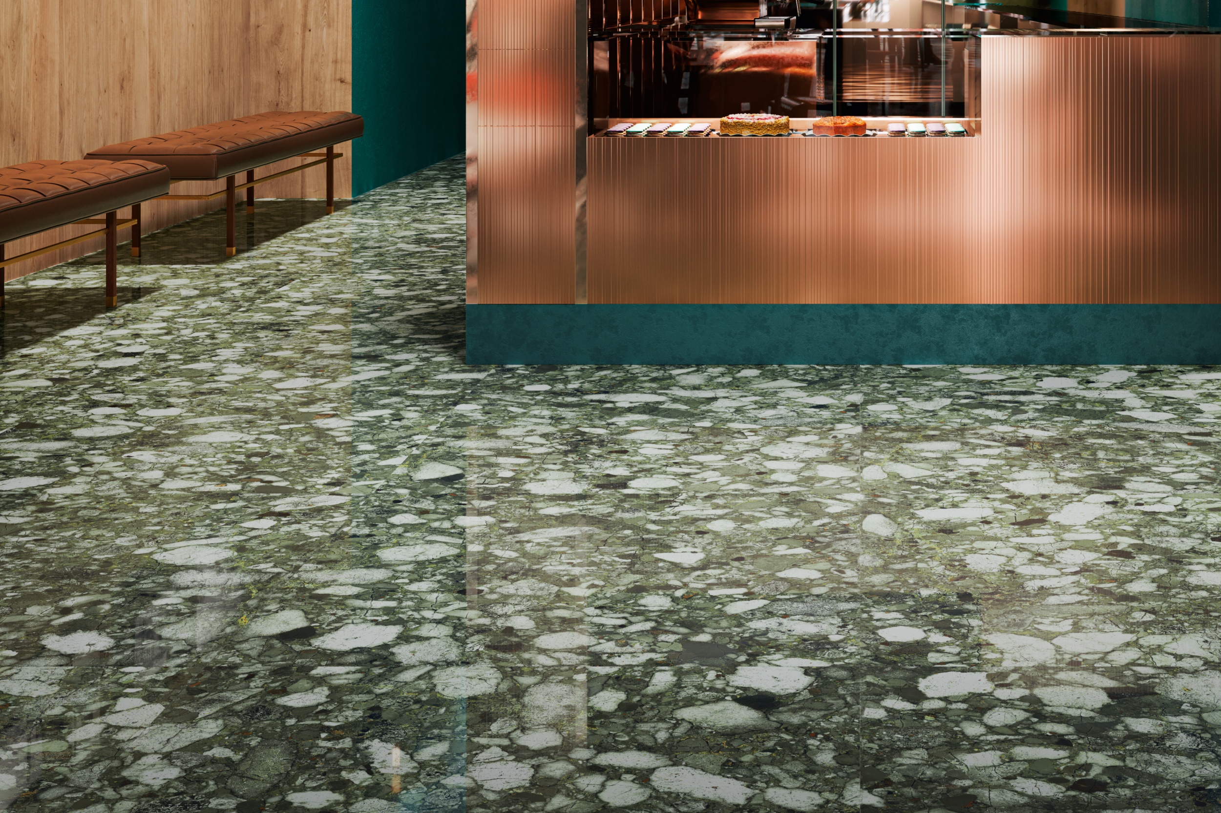 Terrazzo-Fliese große Steinoptik Veni Emerald grün glänzend Bodenfliesen Wandfliesen Luxus