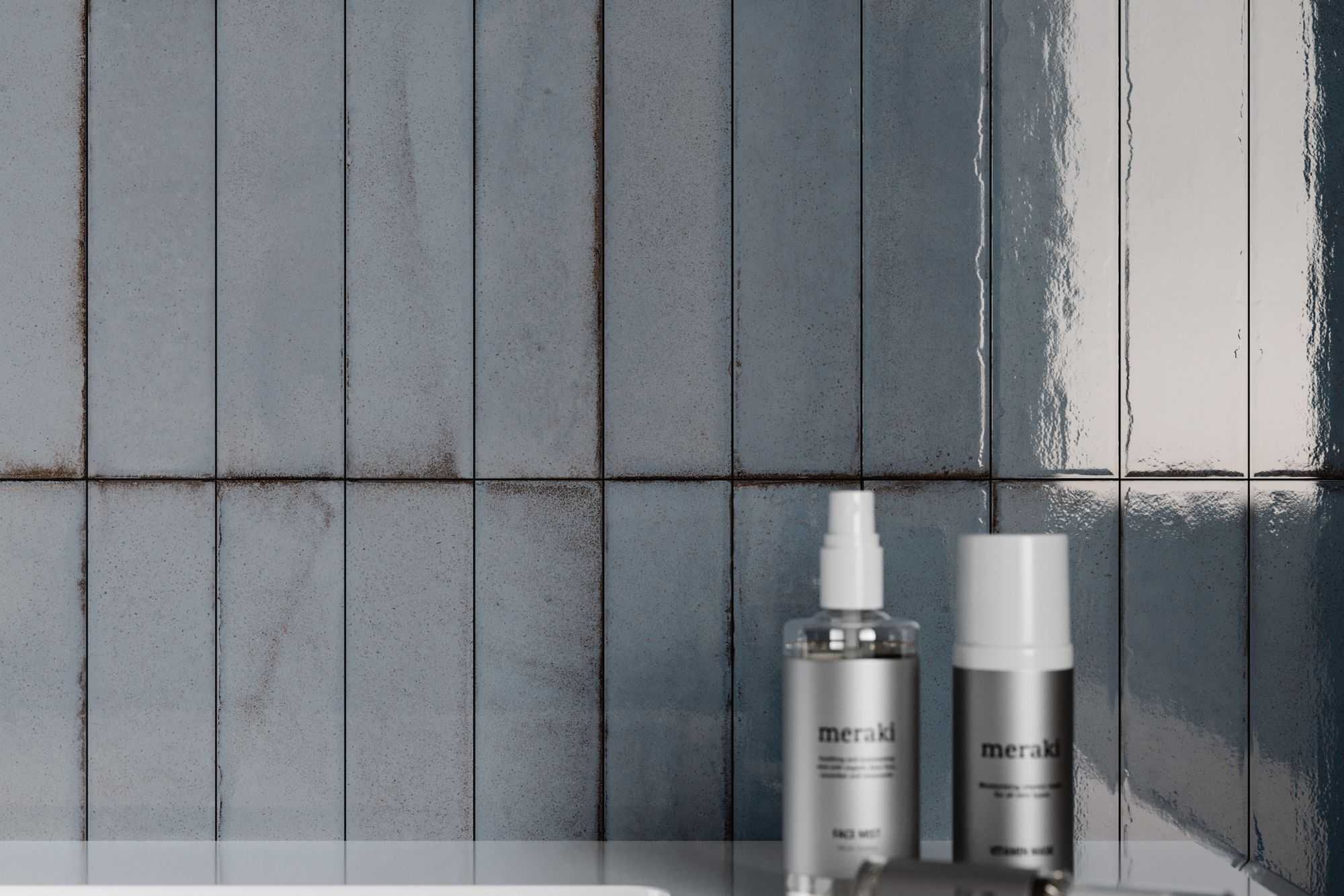 Fliese glasiert unregelmäßige Oberfläche "Tetris Artic" grau-blau glänzend 5x20cm