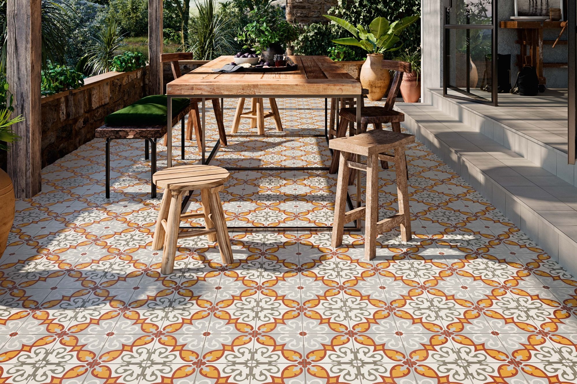 Terrassenplatte Feinsteinzeug Terrassenfliese Patchwork Retro Dekor orange Altea Elda Aparici