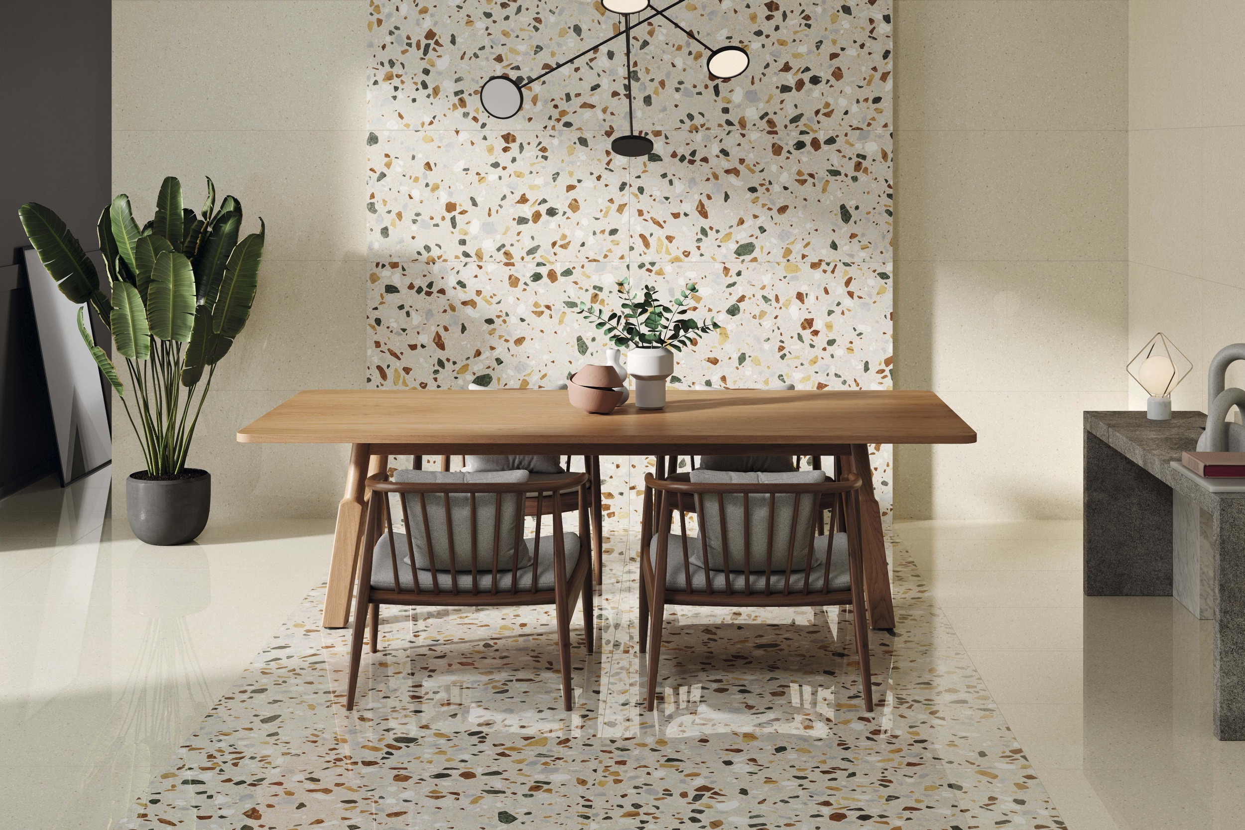 Fliese Terrazzo-Optik Crisp Beige mehrfarbig Bodenfliese Wandfliese glänzend Ambiente