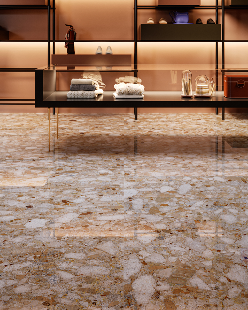 Fliese Terrazzo-Steinoptik gold glänzend kalibriert Veni Gold Sant Agostino