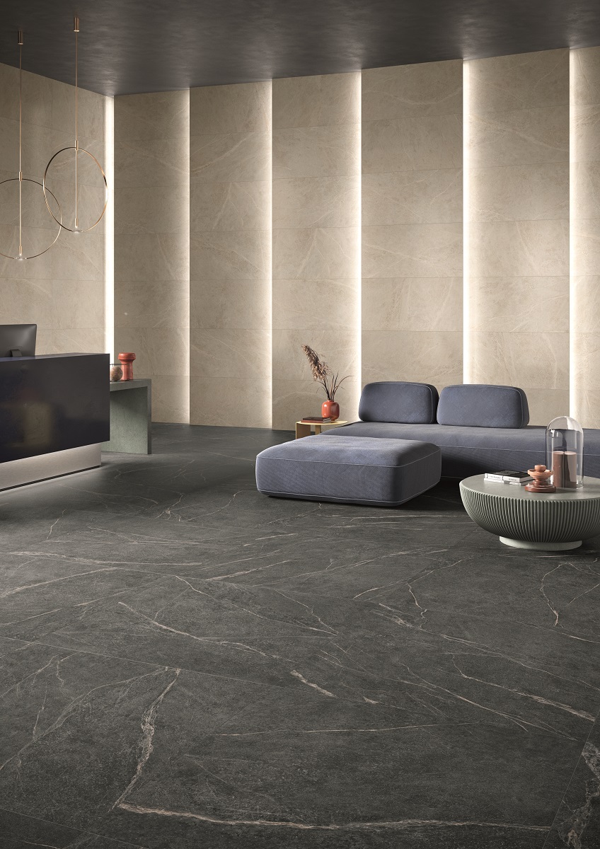 Fliese Speckstein-Optik schwarz matt Soap Stone Black Cercom