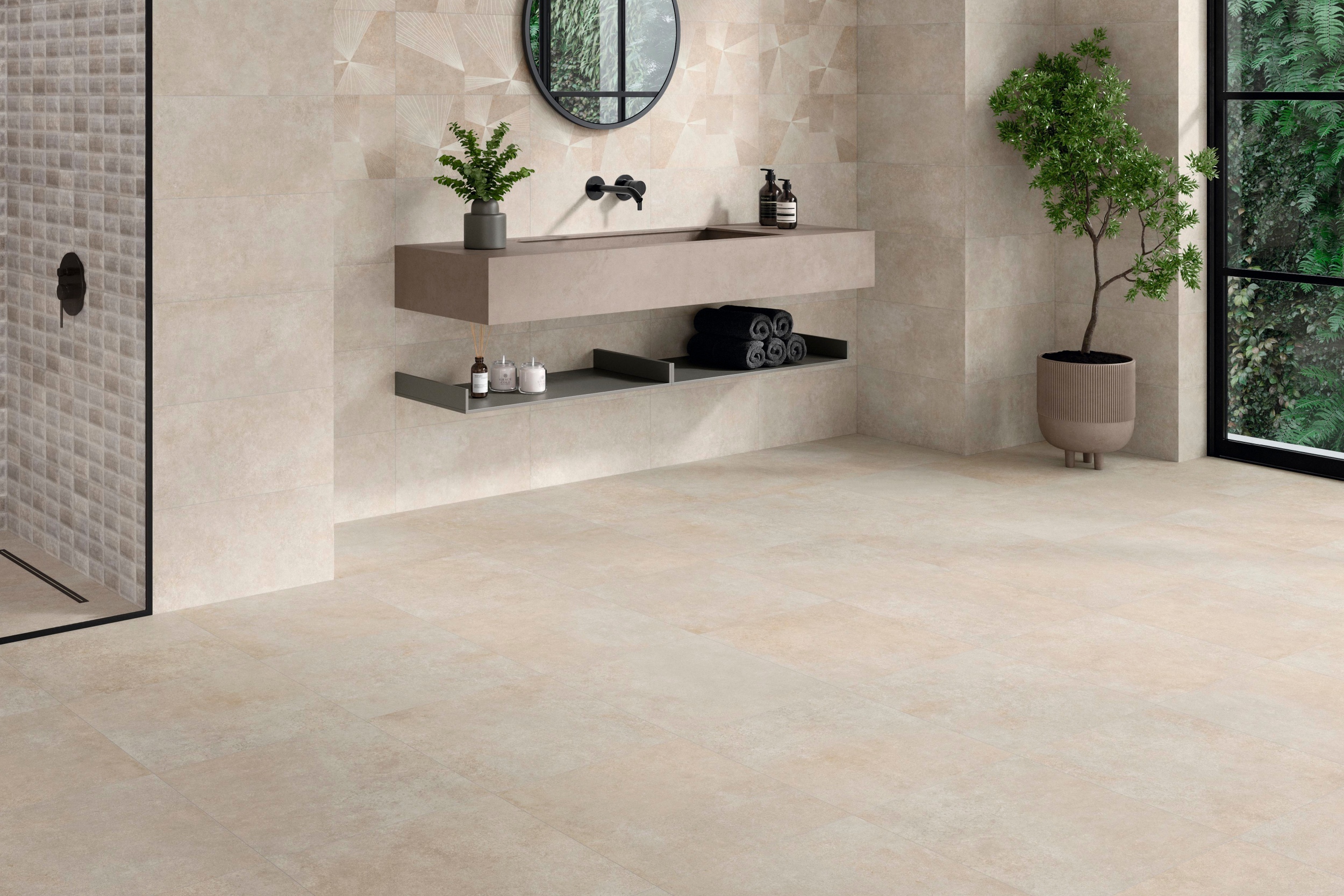 Fliese Betonoptik Ferro Greige matt Bodenfliese Wandfliese sand-beige im Schlafzimmer