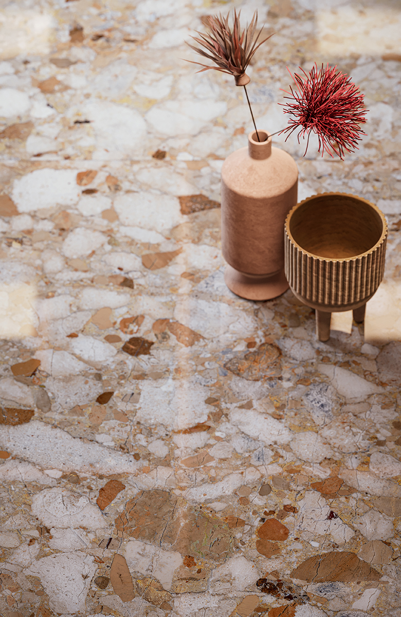 Fliese Terrazzo-Steinoptik gold glänzend kalibriert Venistone Gold Sant Agostino