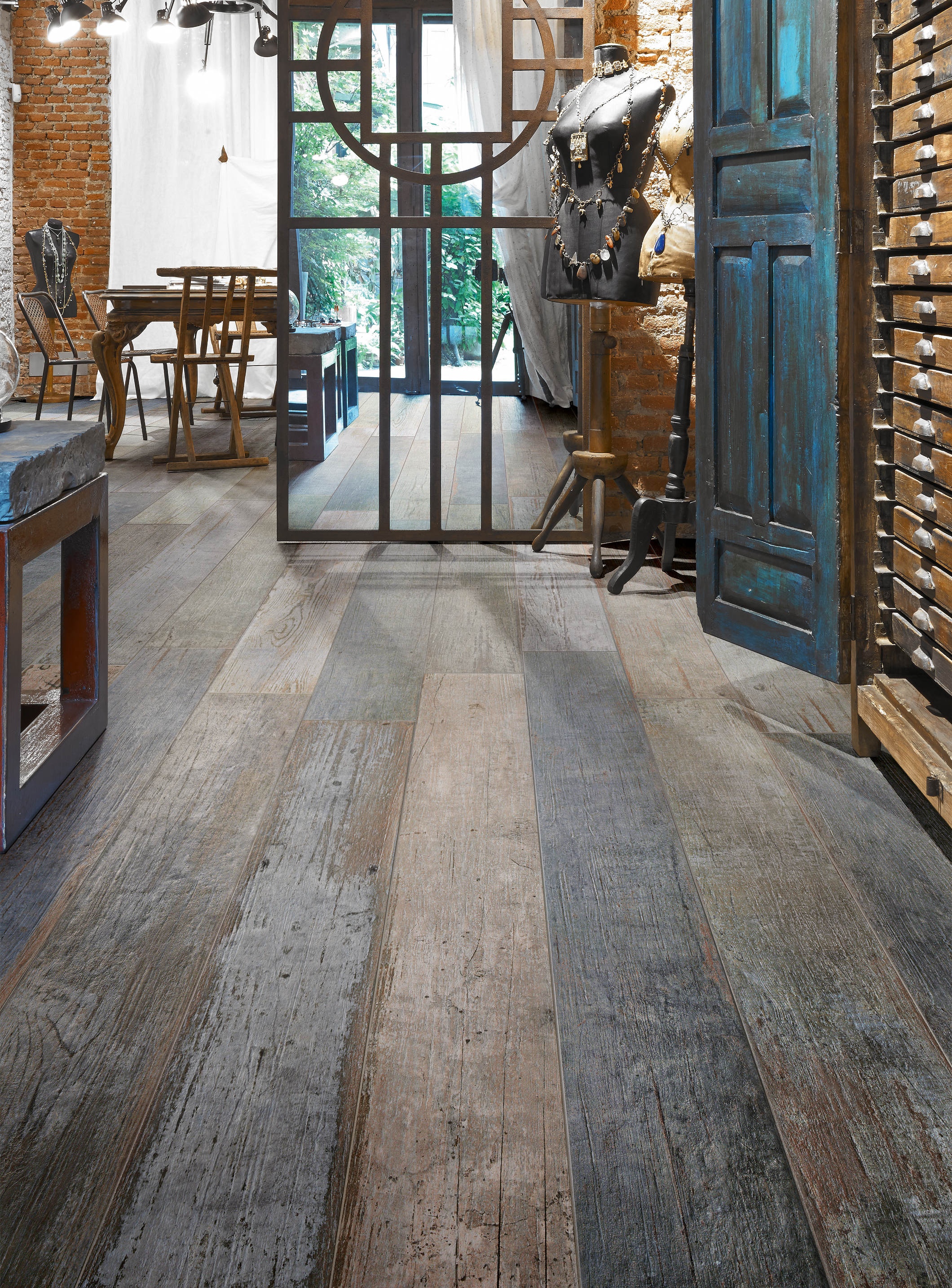 Fliese Vintage Holzoptik Blendart Mix Sant Agostino 15x120 cm Bodenfliese rustikal Scrapwood grau-braun-blau