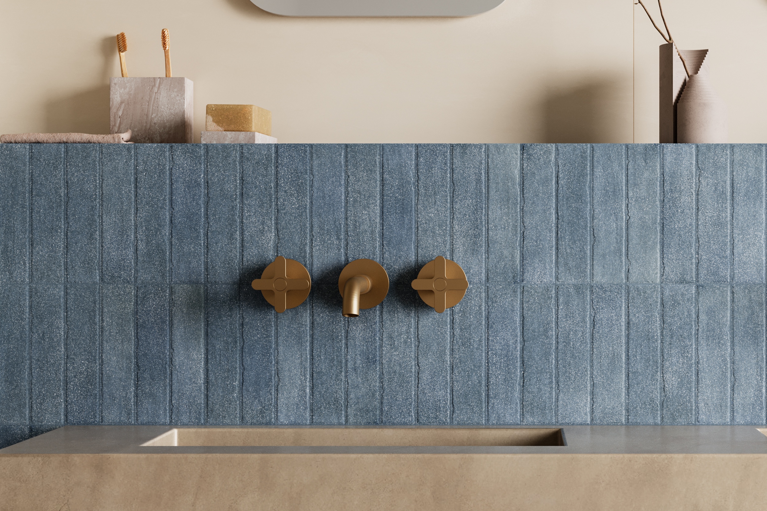 Fliese glasiert unregelmäßige Oberfläche "Tetris Blue" blau matt 5x20 cm