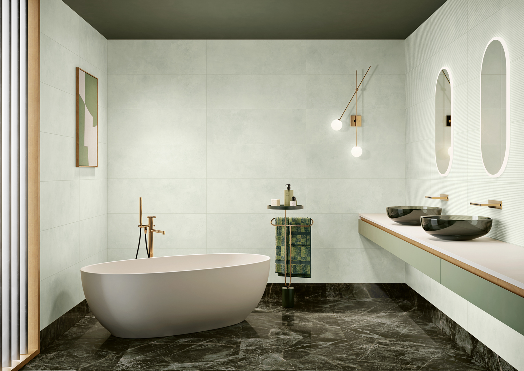 Wandfiese Zementoptik Spotlight Uni Green 35x100 cm Betonoptik pastellgrün hellgrün grün im Bad