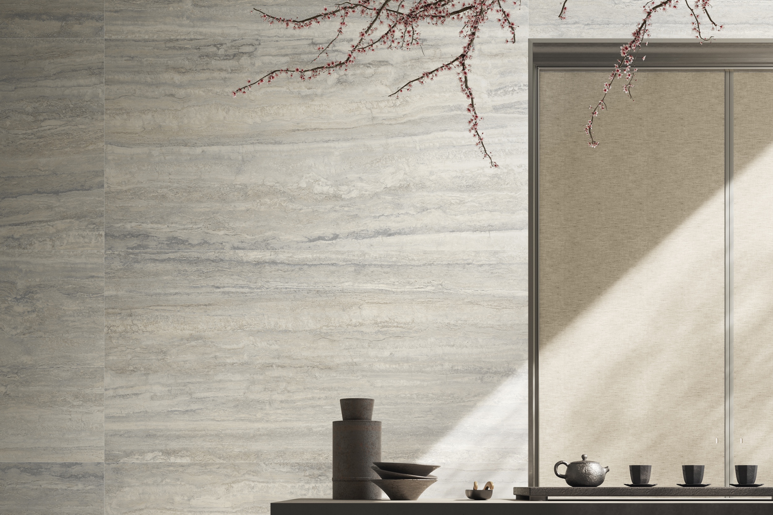 Fliese Travertin-Steinoptik Invictus Pearl hellgrau matt Sant Agostino Ambiente Wandfliesen