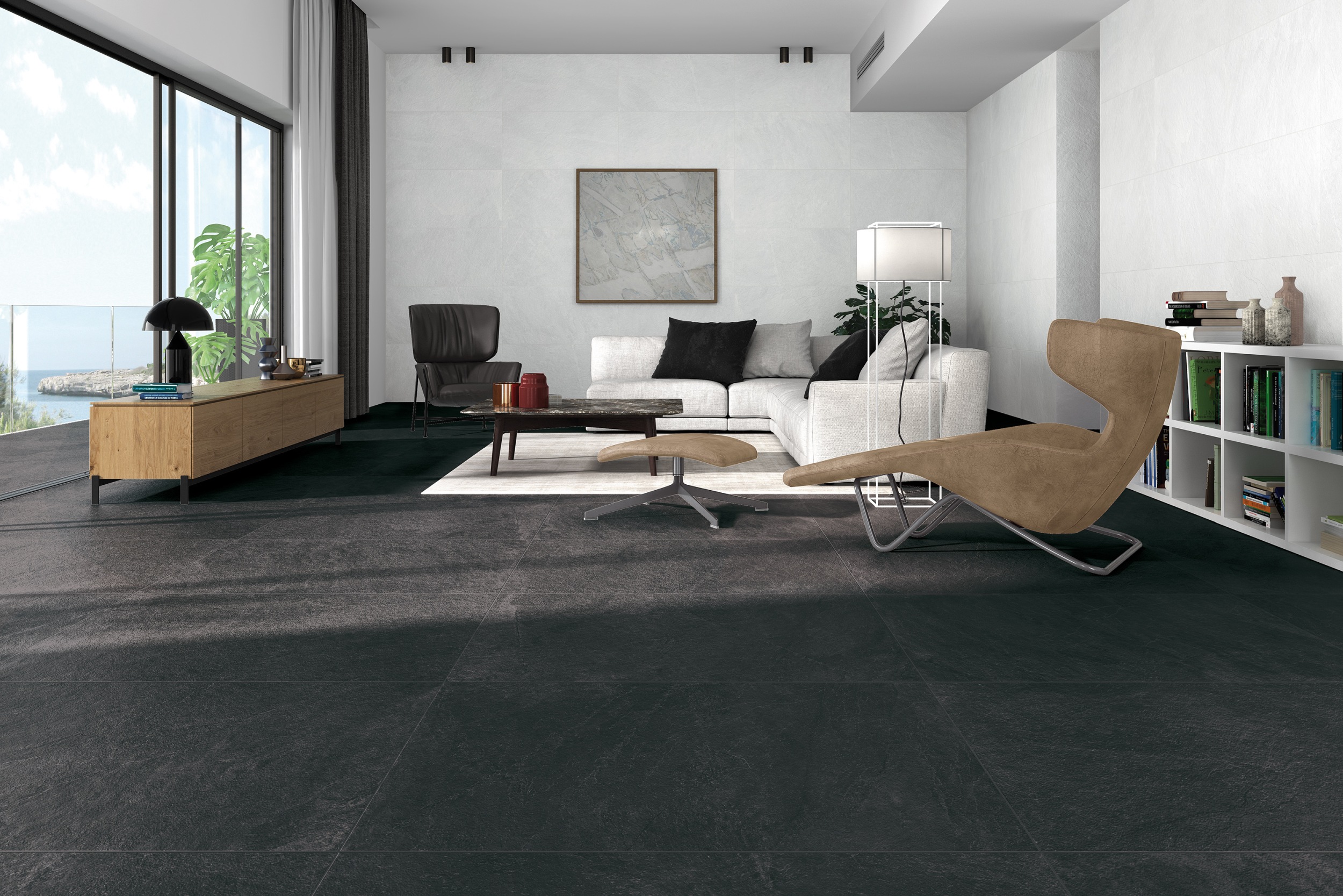 Fliese Schieferoptik Steinoptik Slaterock Black Bodenfliesen Wandfliesen anthrazit schwarz im Wohnzimmer