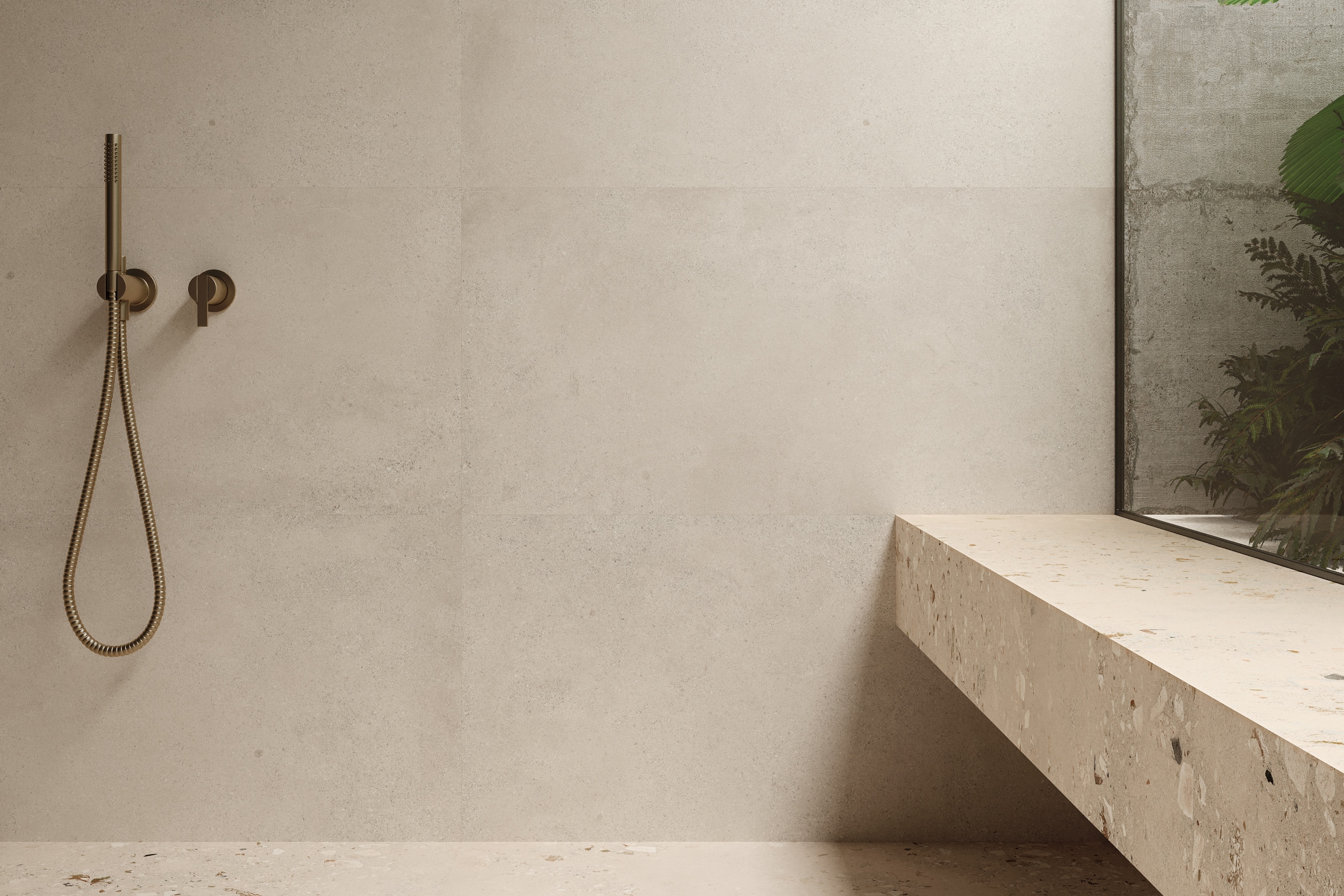 Fliese Zementoptik mit Terrazzo Logico Light Sant Agostino creme elfenbein im Badezimmer