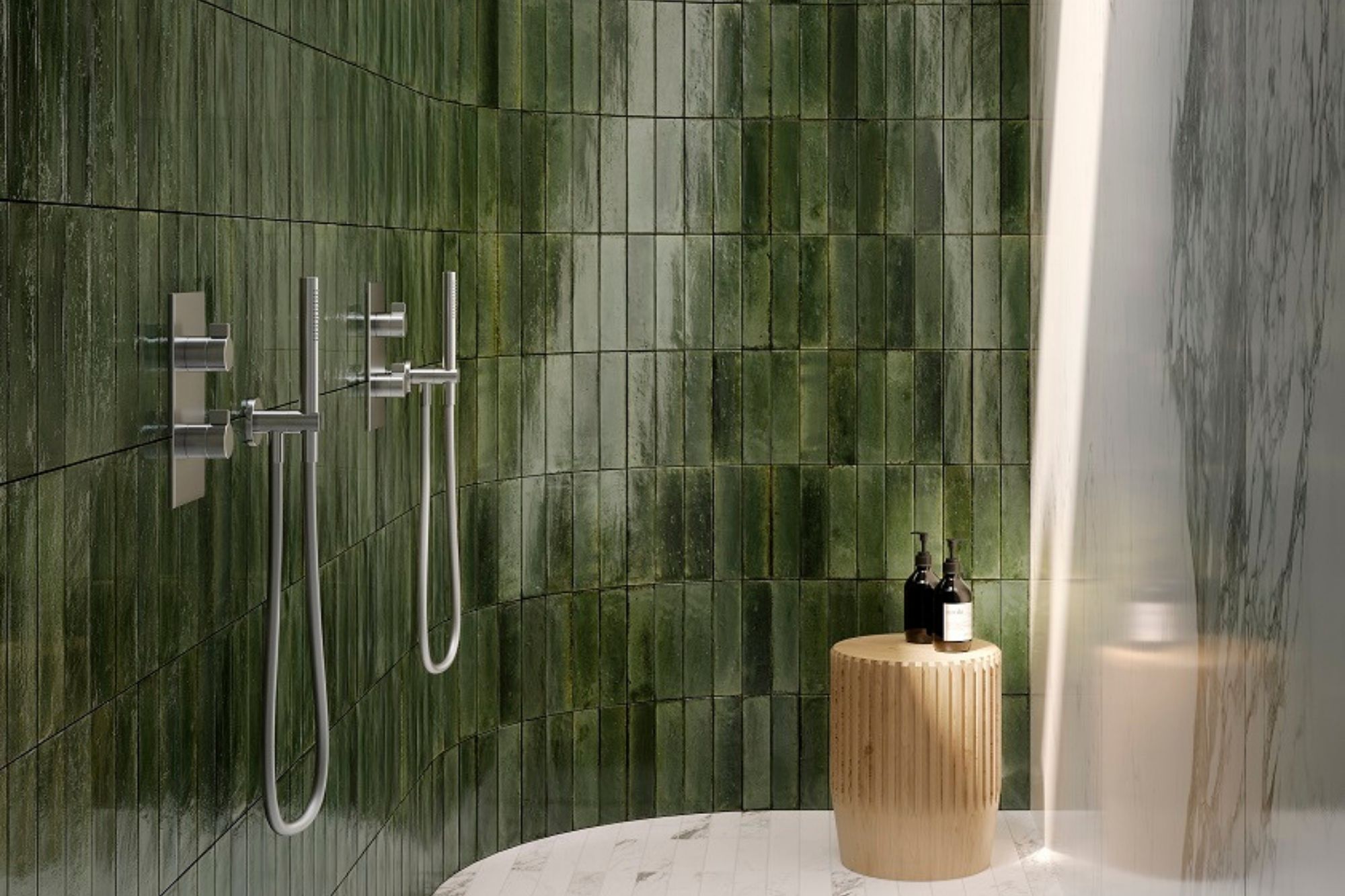 Fliese dunkelgrün glasiert unregelmäßige Oberfläche Look Ragno by Marazzi