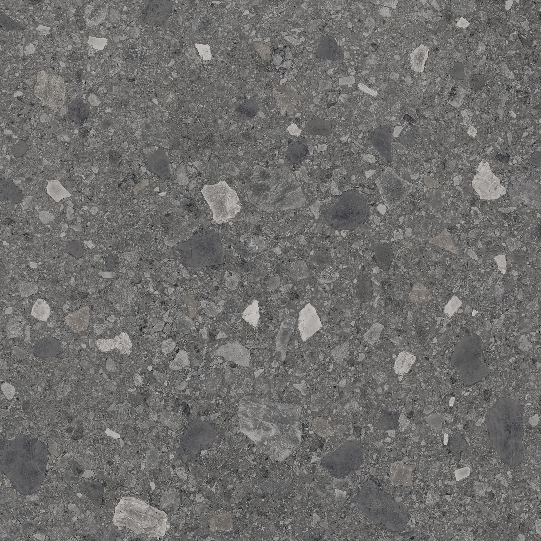 Terrazzo-Fliese dunkelgrau "Orobica Antracite" ausdrucksstarke Steinoptik rektifiziert