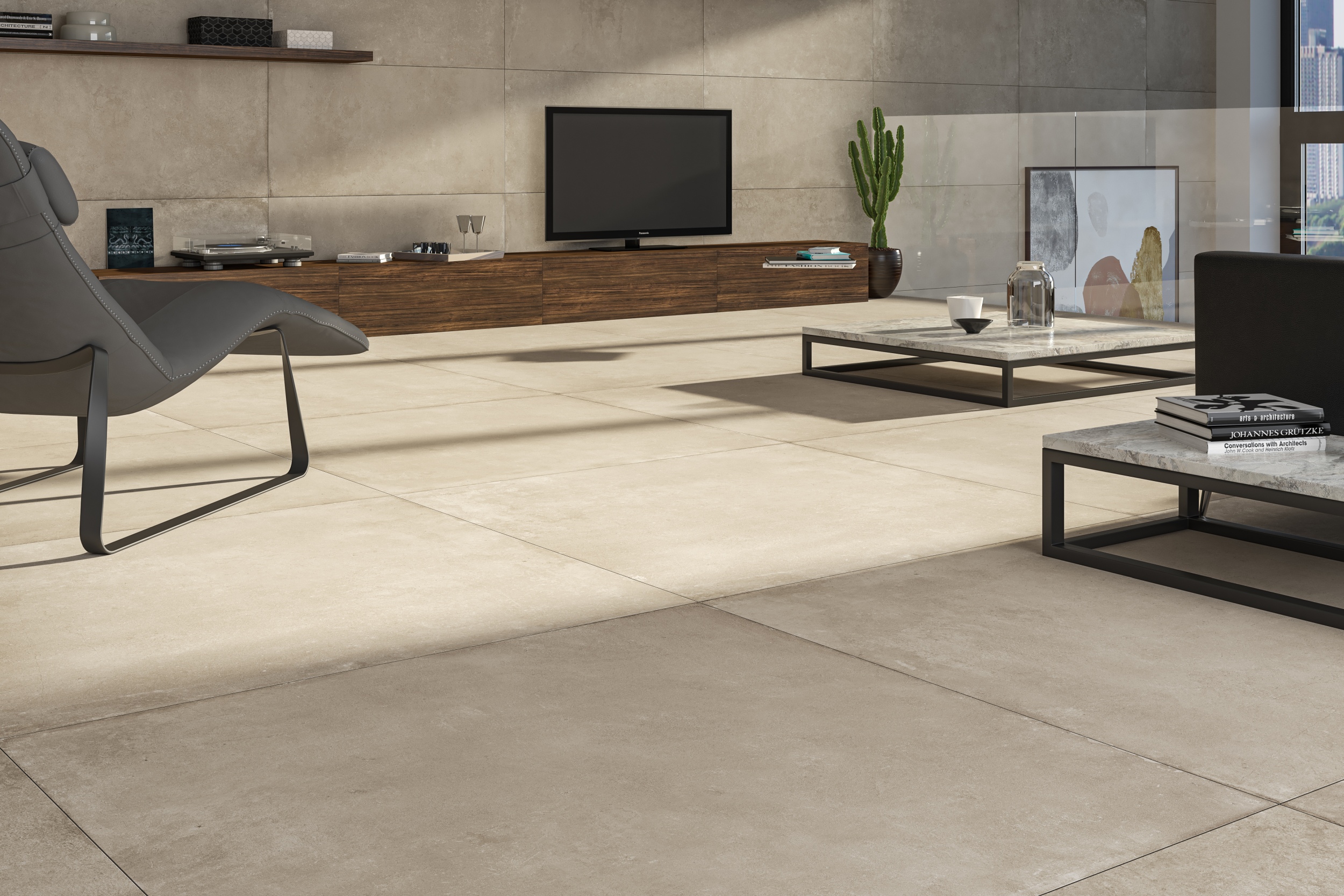 Bodenfliese mit Betonoptik Zementoptik Cloud Bone beige sand im Wohnzimmer