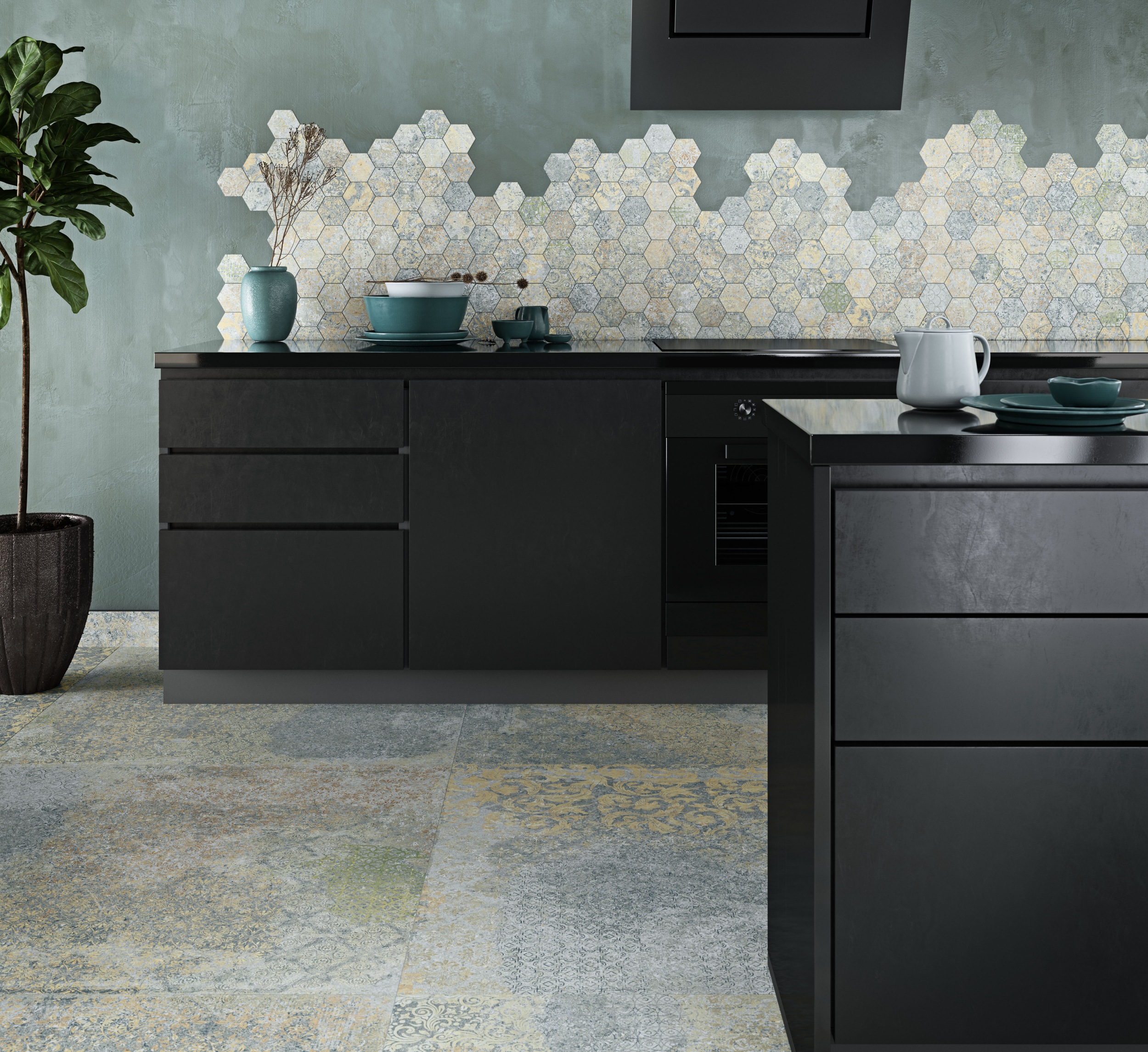 Aparici Fliese Teppichoptik Vintageoptik Bohemian Blue Bodenfliese Wandfliese blau Ambiente