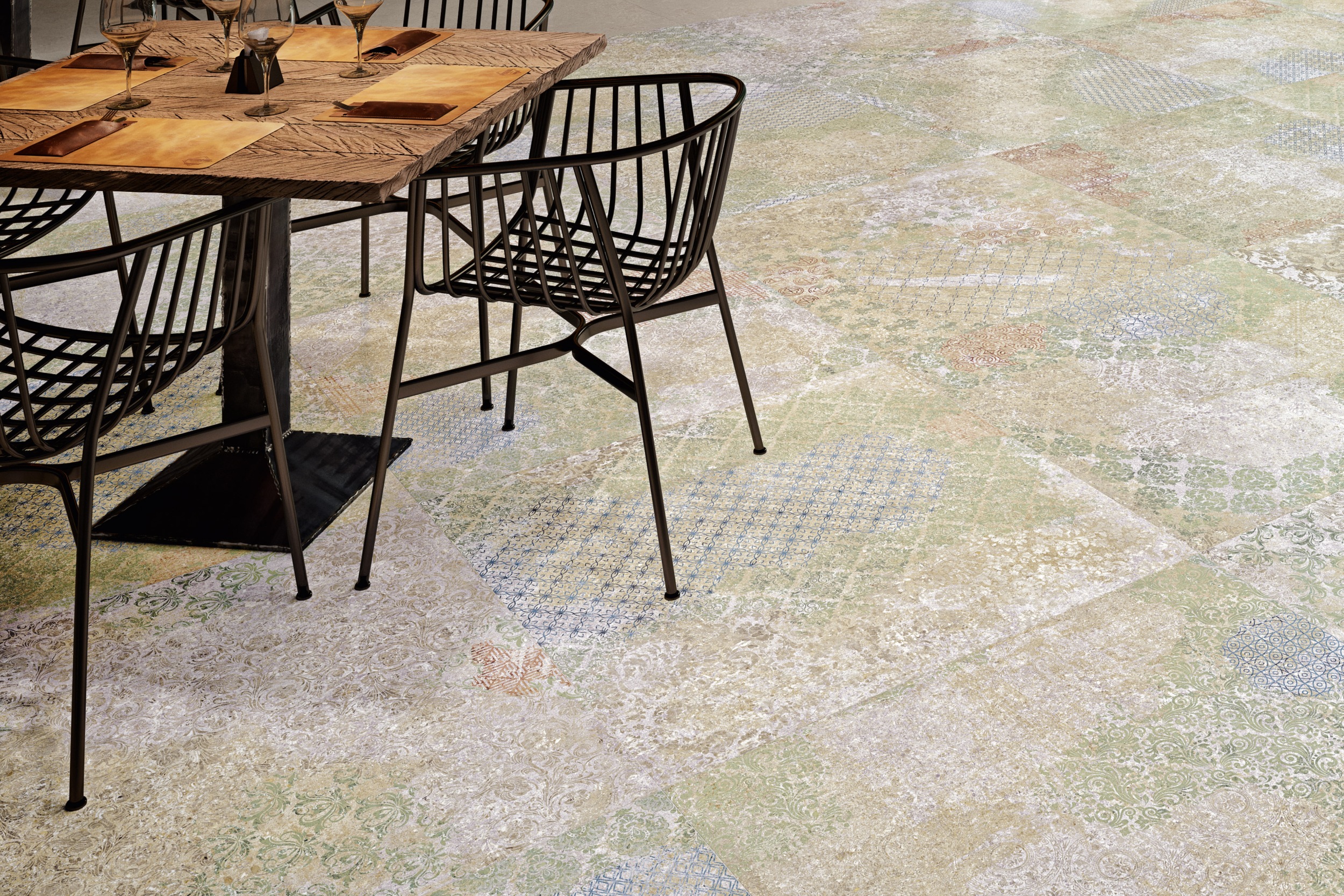 Aparici Fliese Teppichoptik Vintageoptik Bohemian Blend Bodenfliesen Wandfliese bunt mehrfarbig Ambiente Küche