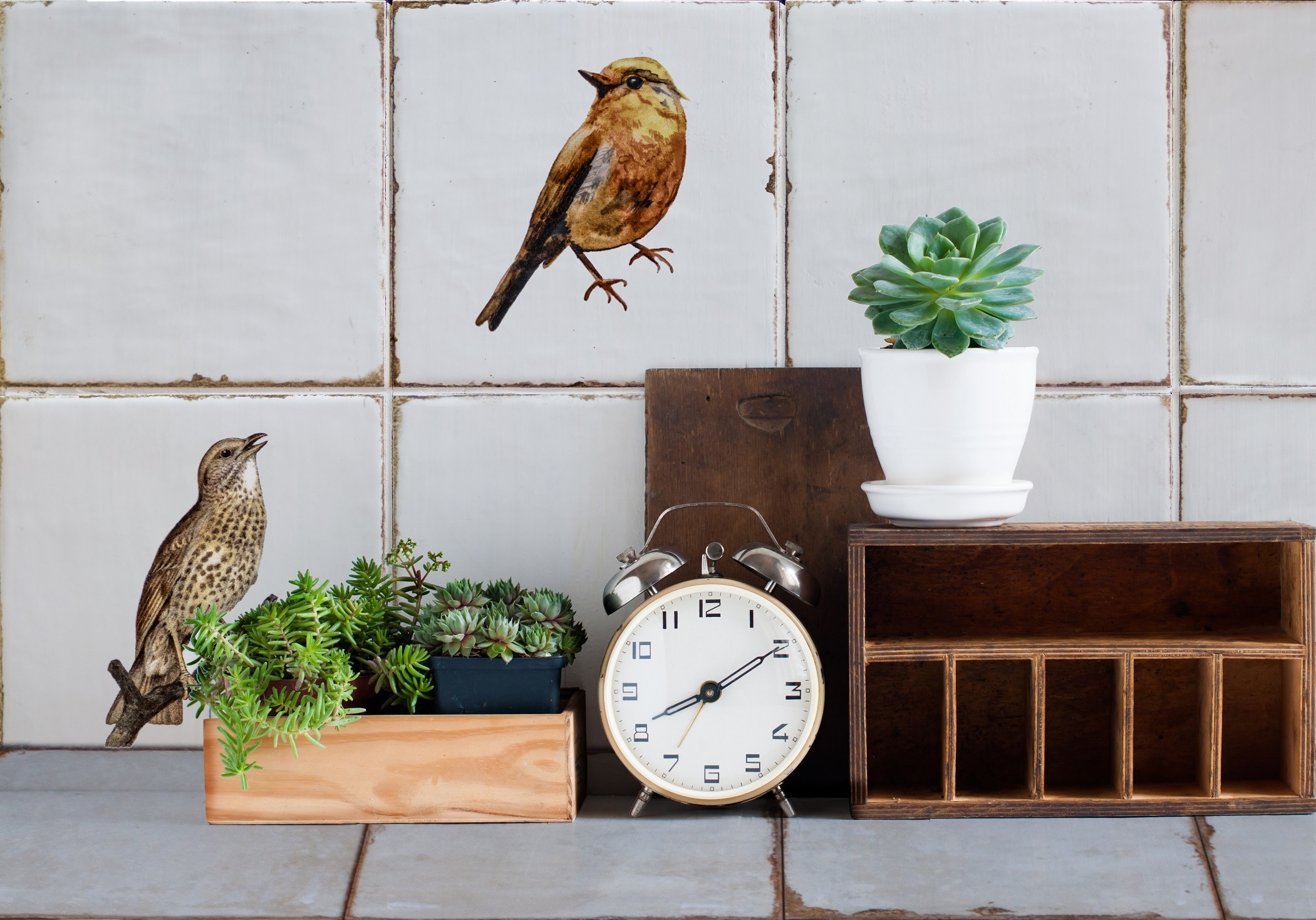 Antike Wandfliese Retro-Dekor Shabby-Chic weiß 15x15 cm Forli Birds in Küche