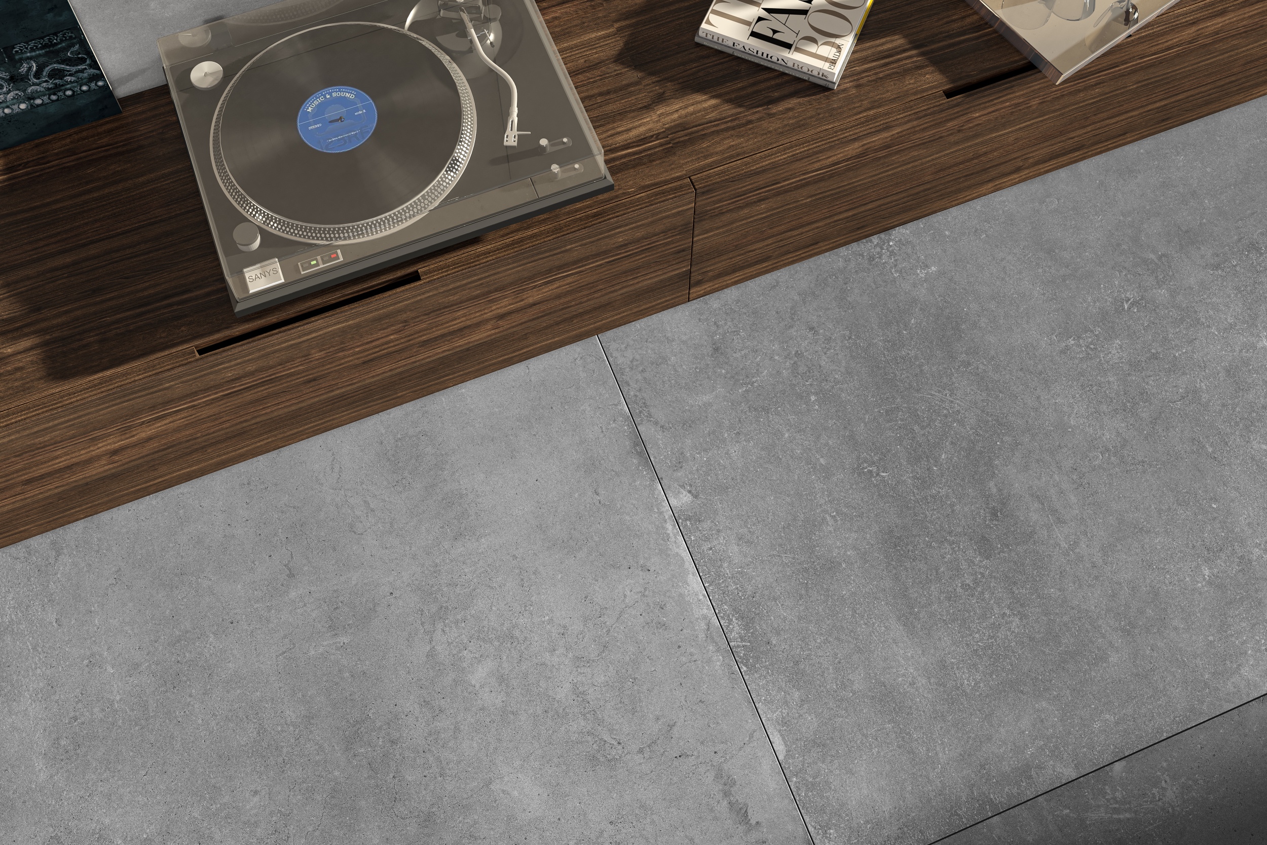 Bodenfliese mit Betonoptik Zementoptik Cloud Grey grau im Wohnzimmer