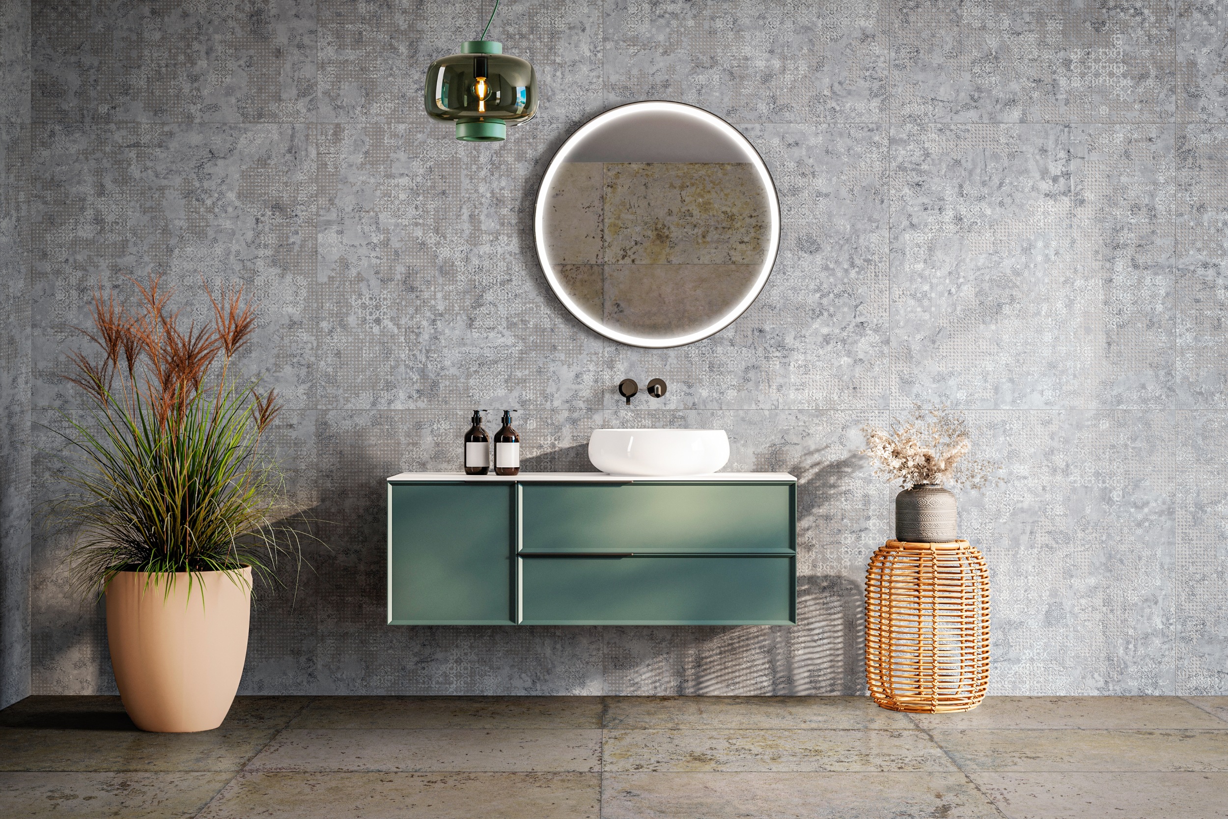 Aparici Wandfliese Teppichoptik Rug Grey im Wohnzimmer Fliese Vintageoptik grau