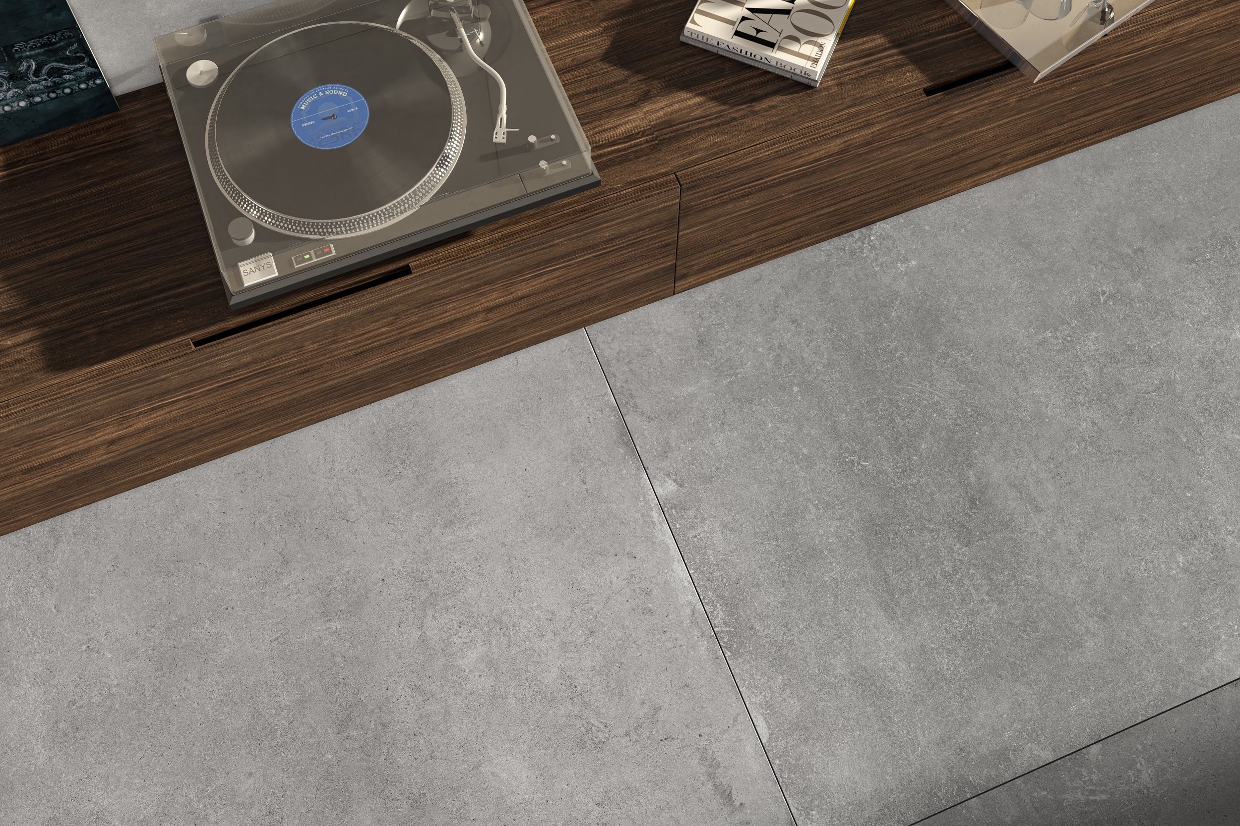 Bodenfliese mit Betonoptik Zementoptik Cloud Silver hellgrau grau im Wohnzimmer