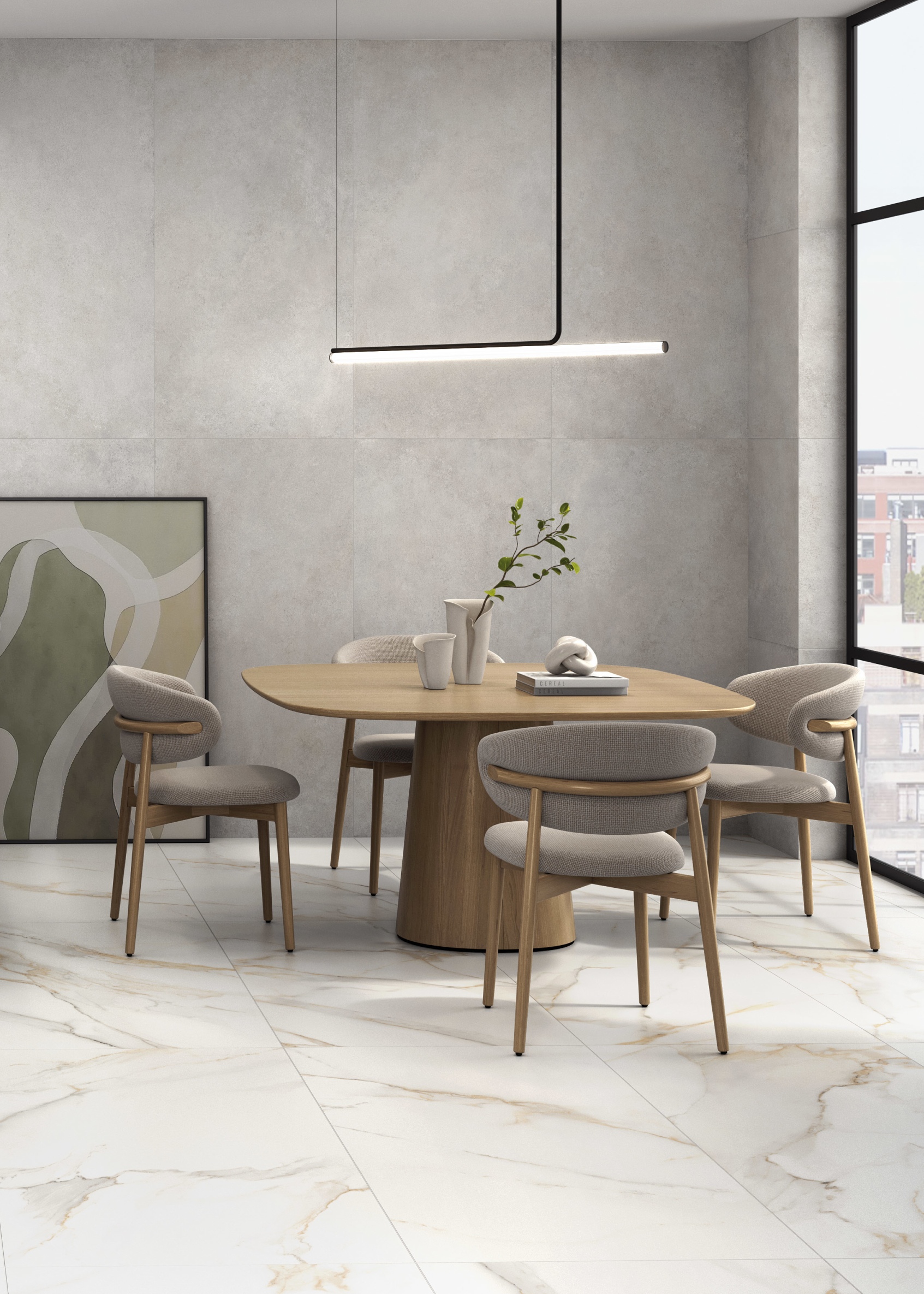 Fliese Betonoptik Ferro Pearl matt Bodenfliese Wandfliese creme elfenbein im Esszimmer