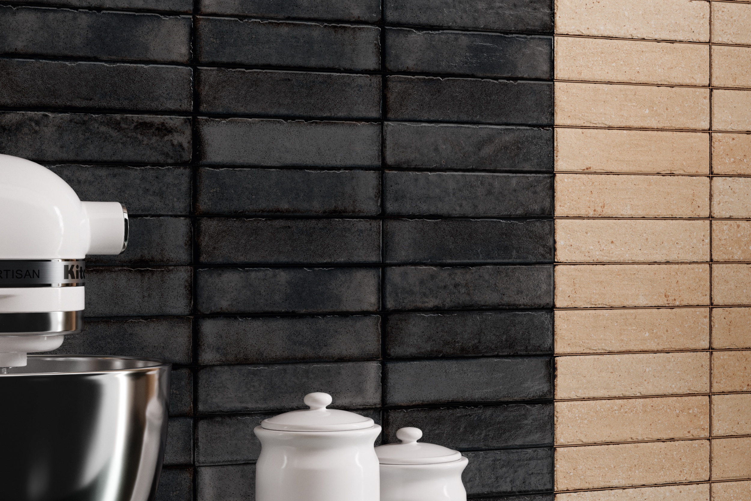 Fliese glasiert unregelmäßige Oberfläche "Tetris Smoke" dunkelgrau glänzend 5x20 cm