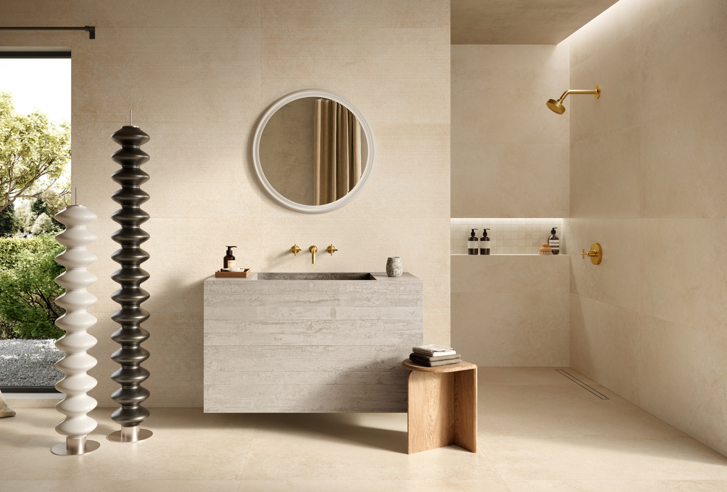 Fliese Steinoptik Unionstone 2 Olimpia Avorio Sant Agostino Natursteinoptik sand beige im Badezimmer