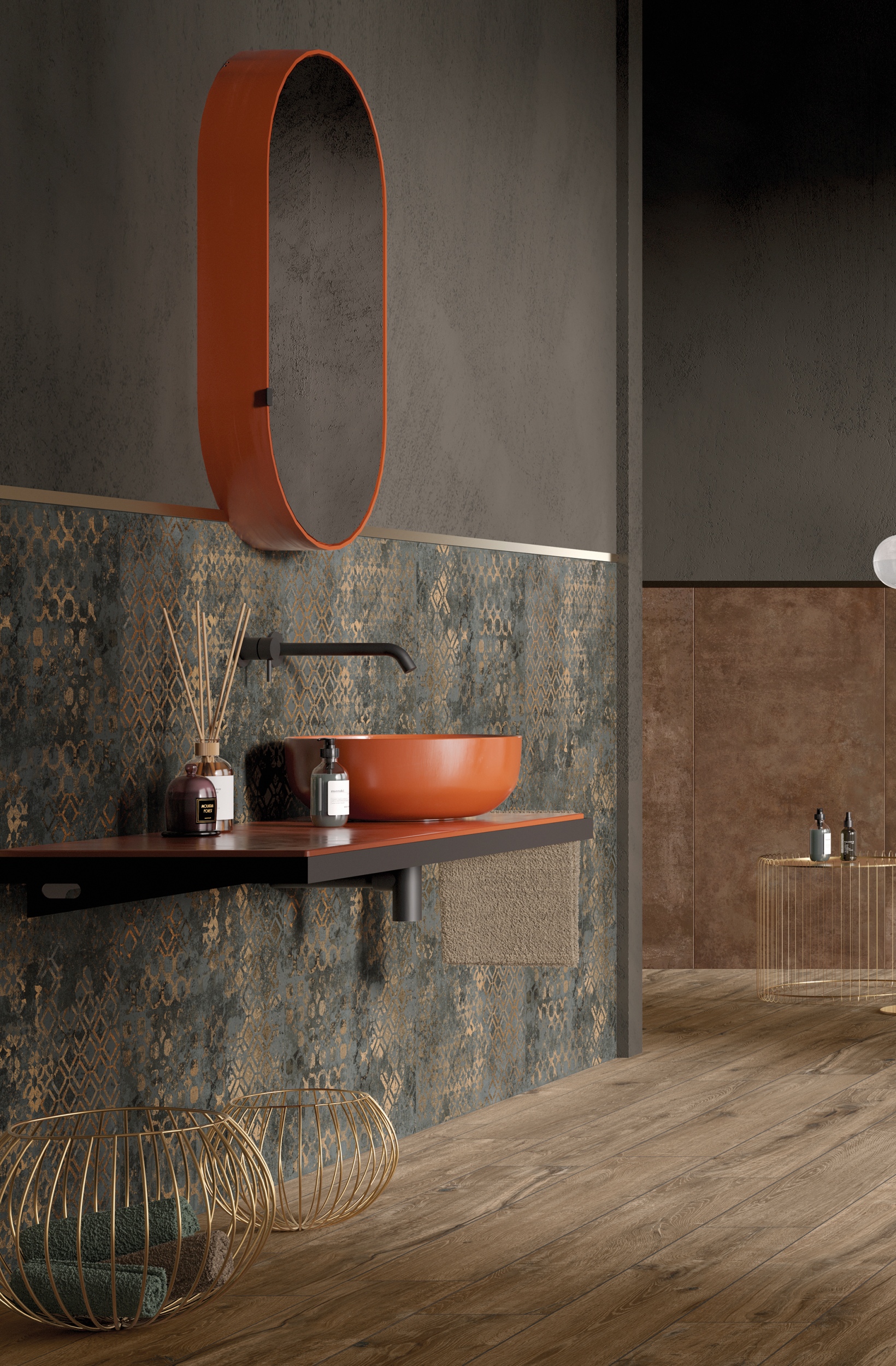 Fliese orientalisch edel Ornamente Affreschi Caravaggio Kupfer-Metallic-Effekt glänzend grau Luxus