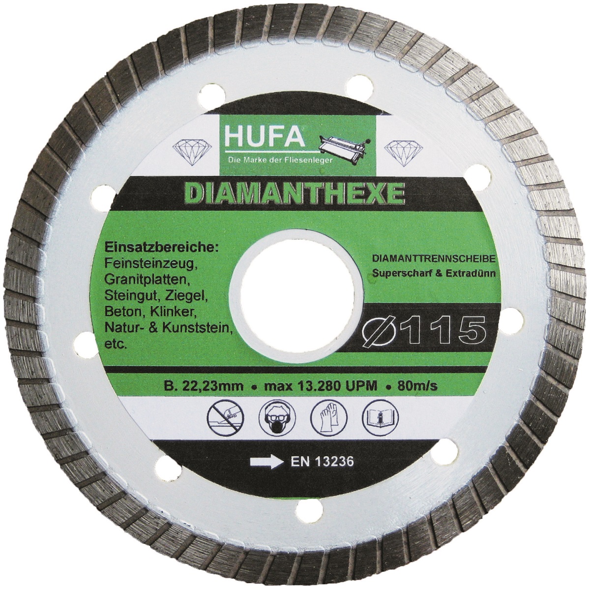 Diamantscheibe Profi 115mm superdünn mit Turbo-Schneidrand Bohrung 22,2mm Hufa