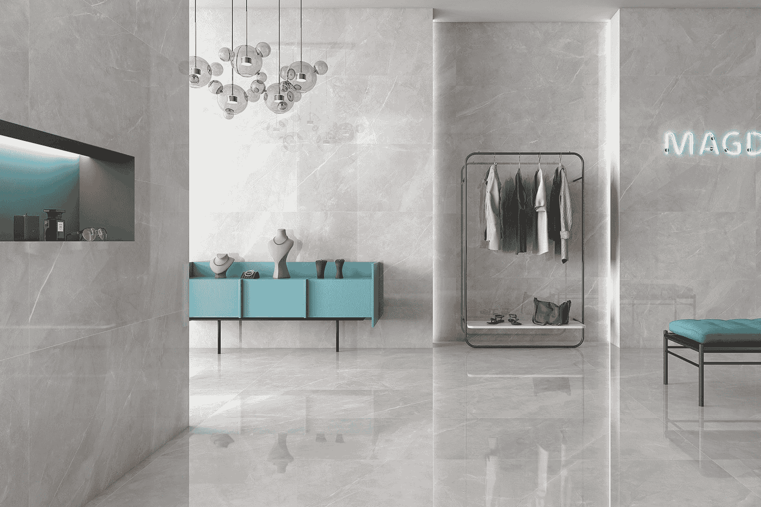 Fliese Steinoptik hellgrau poliert "Magda Perla" Feinsteinzeug rektifiziert