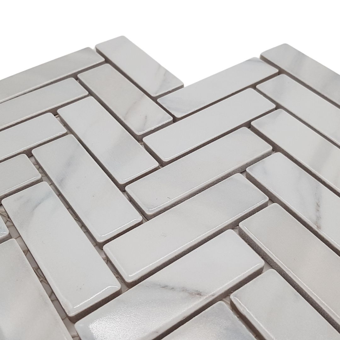 Mosaikfliesen Fischgrät Marmoroptik weiß matt 31,8x27,1 cm netzverklebt