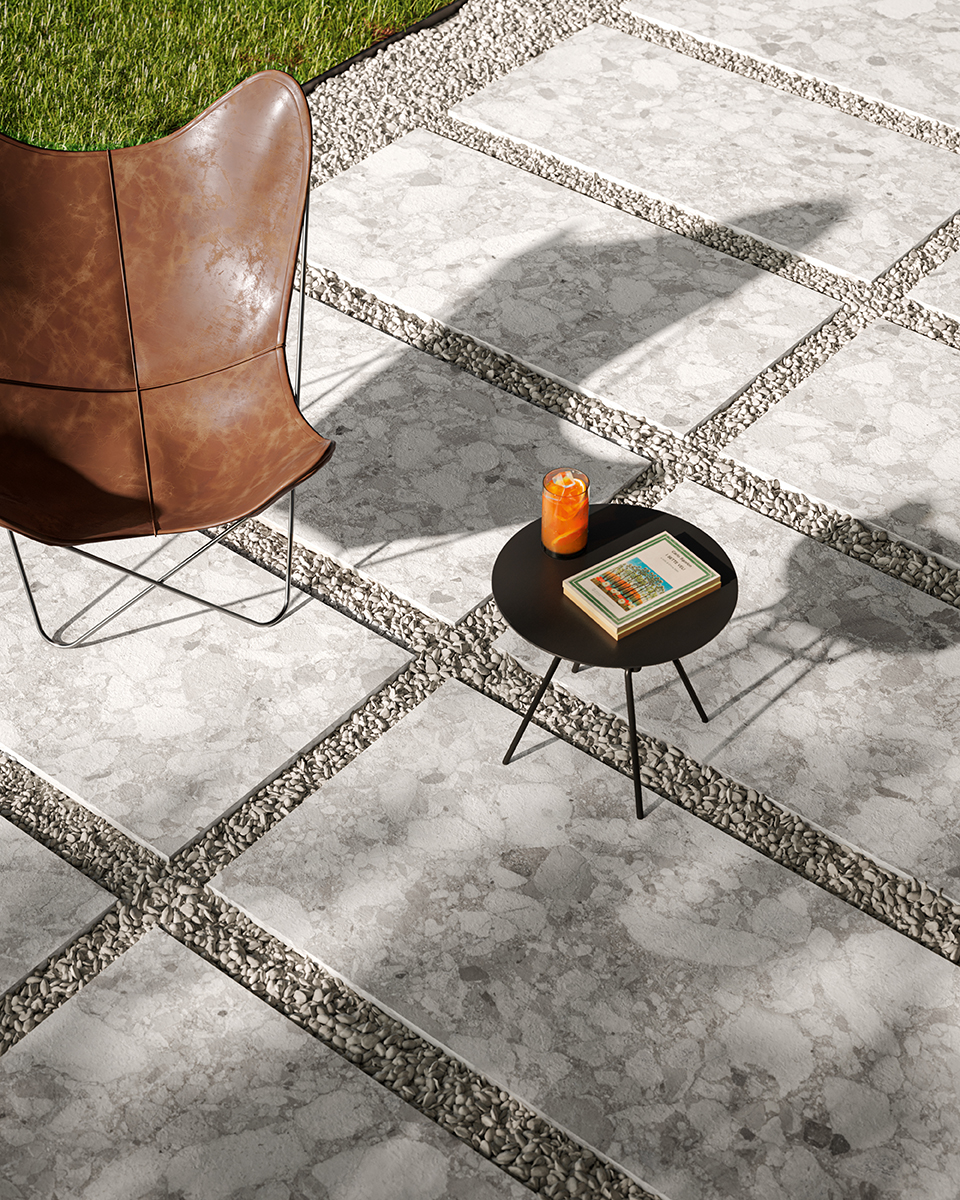 Terrassenplatte Terrazzo-Steinoptik hellgrau 60x120 cm "Venistone Pearl" rektifiziert 2 cm