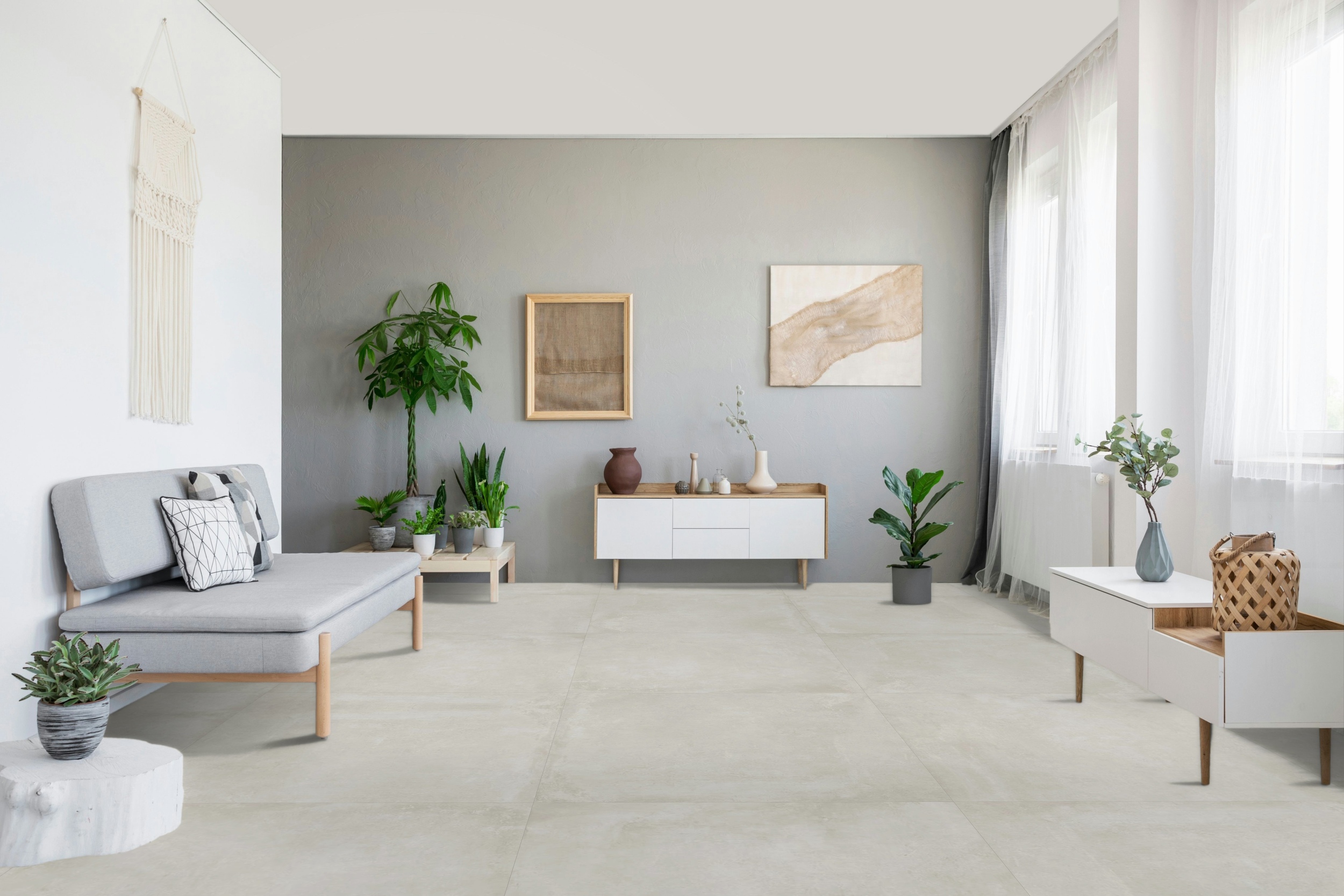 Fliese Betonoptik Ground Arena Zementoptik creme weiß-beige Bodenfliesen im Wohnzimmer