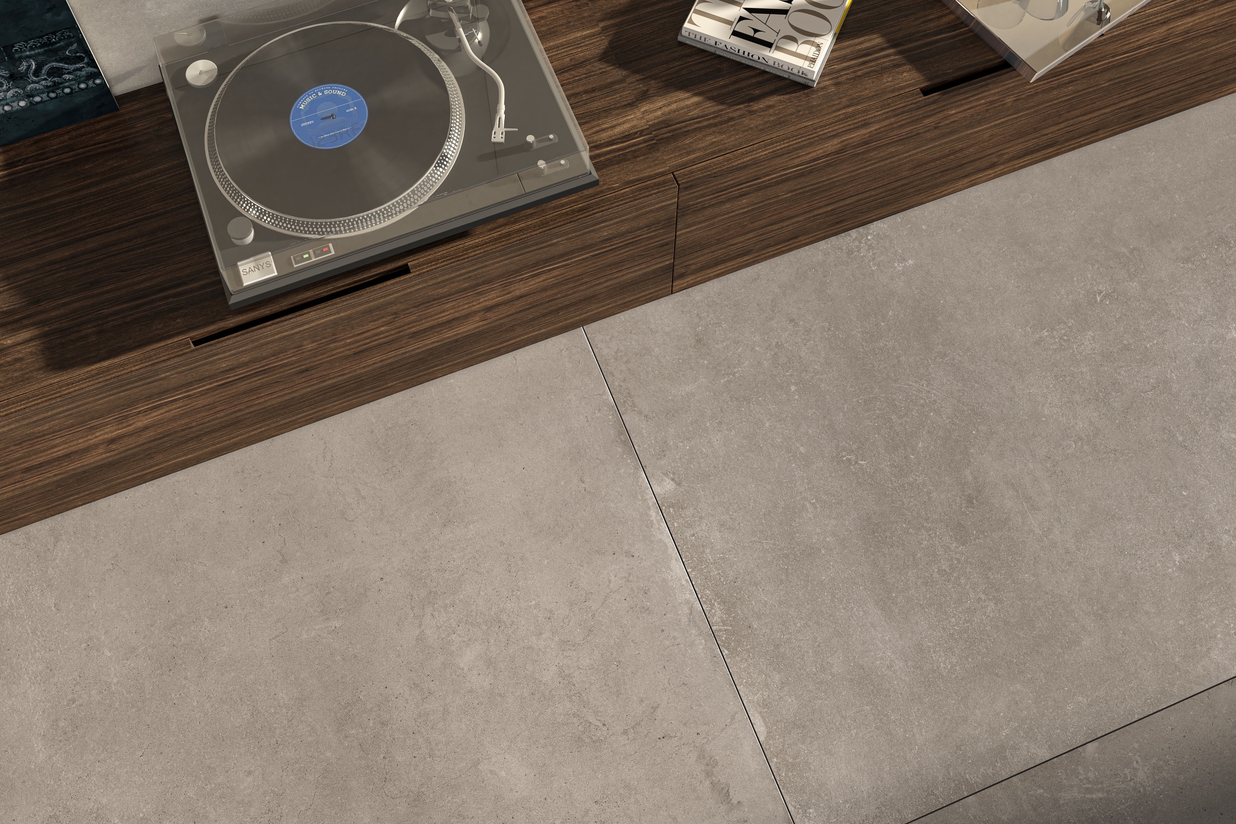 Bodenfliese mit Betonoptik Zementoptik Cloud Taupe hellbraun braun im Wohnzimmer