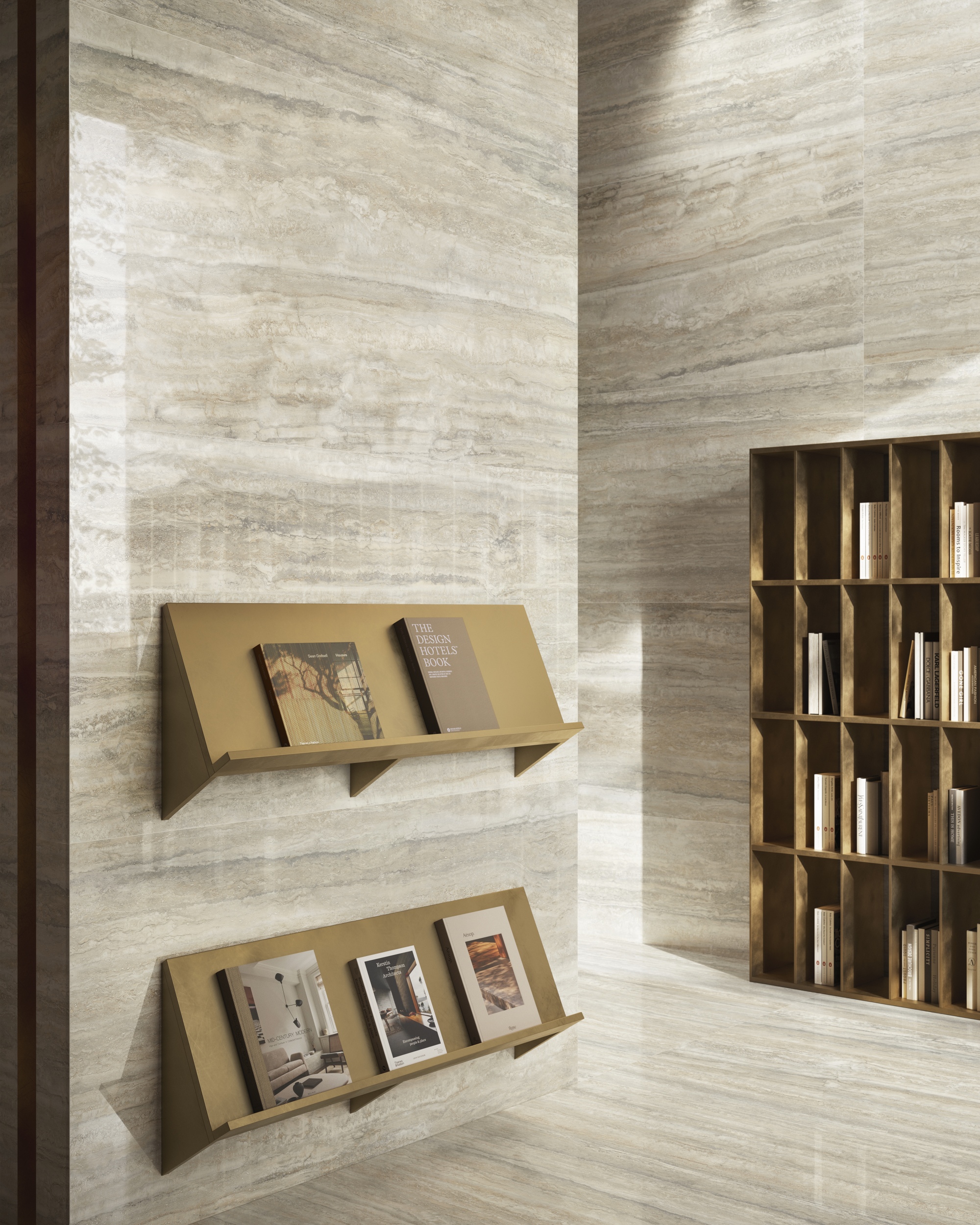 Fliese Travertin-Steinoptik Invictus Beige Kristall glänzend Sant Agostino Ambiente Wandfliesen