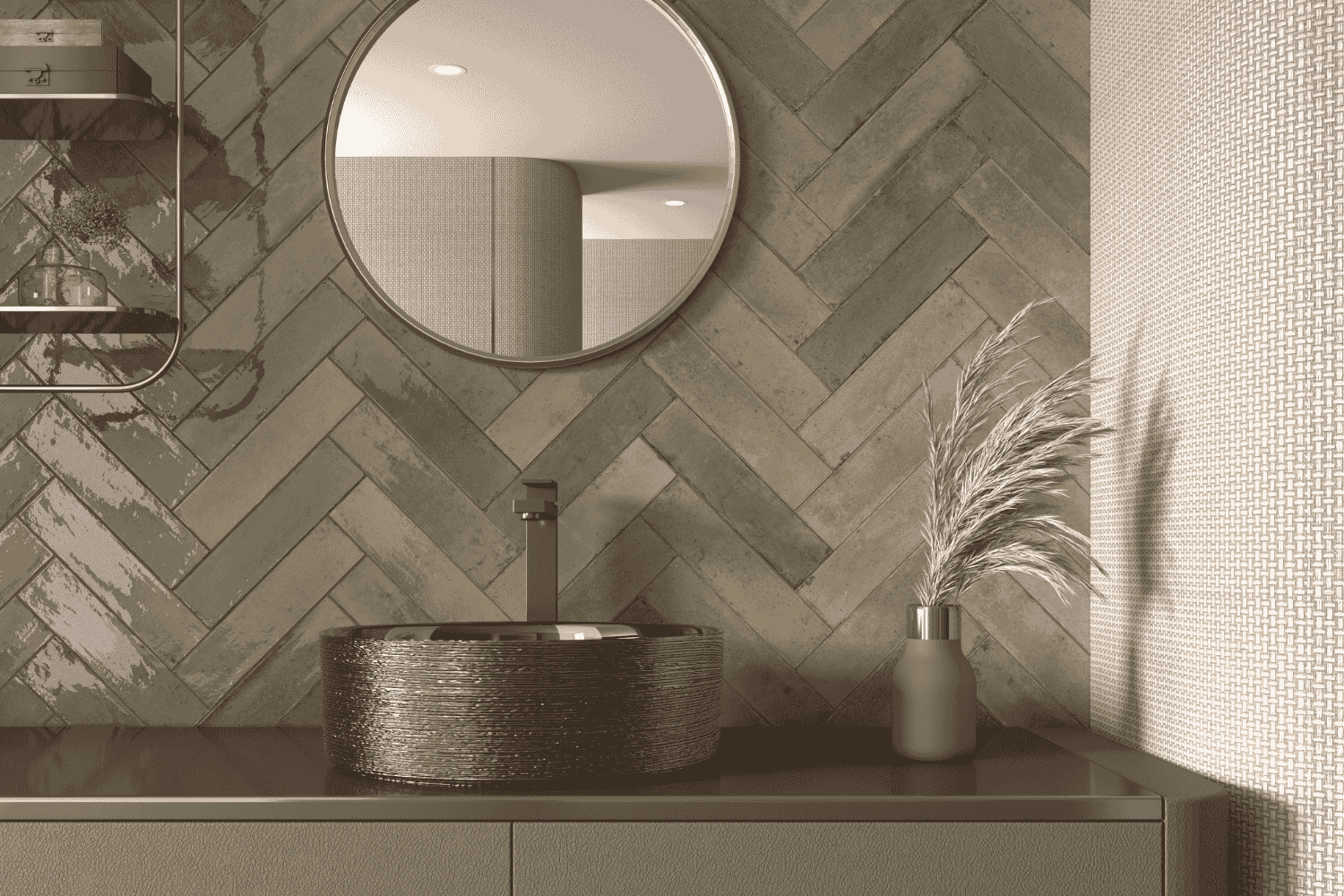 Fliese unregelmäßige Oberfläche 7x28 cm "Agadir Musgo" moosgrün glänzend Feinsteinzeug